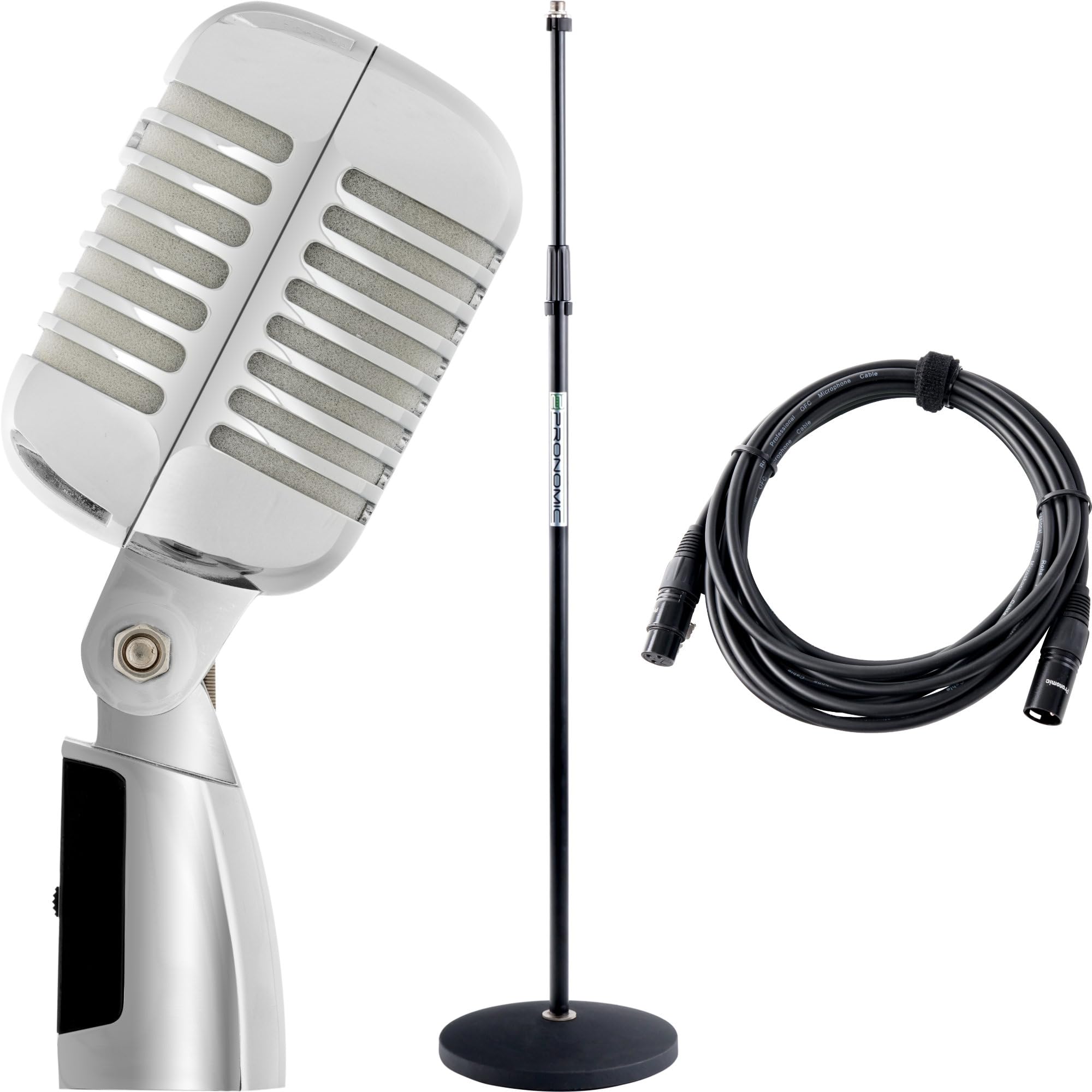 Pronomic DM-66S Microfono dinamico vocale Set - Vintage microfonico vocale retrò - Set economico con asta microfonica e cavo XLR - Argento/bianco