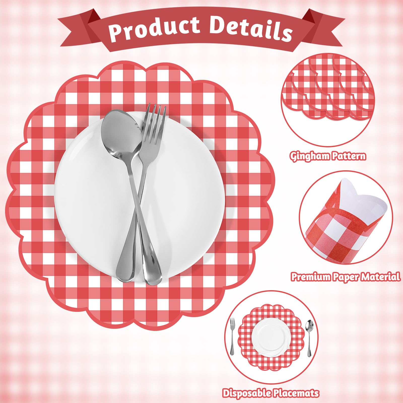 60 manteles individuales de papel a cuadros rojos y blancos, manteles individuales de 13.5 pulgadas, manteles individuales desechables de papel decorativo para mesa de barbacoa, baby shower, boda