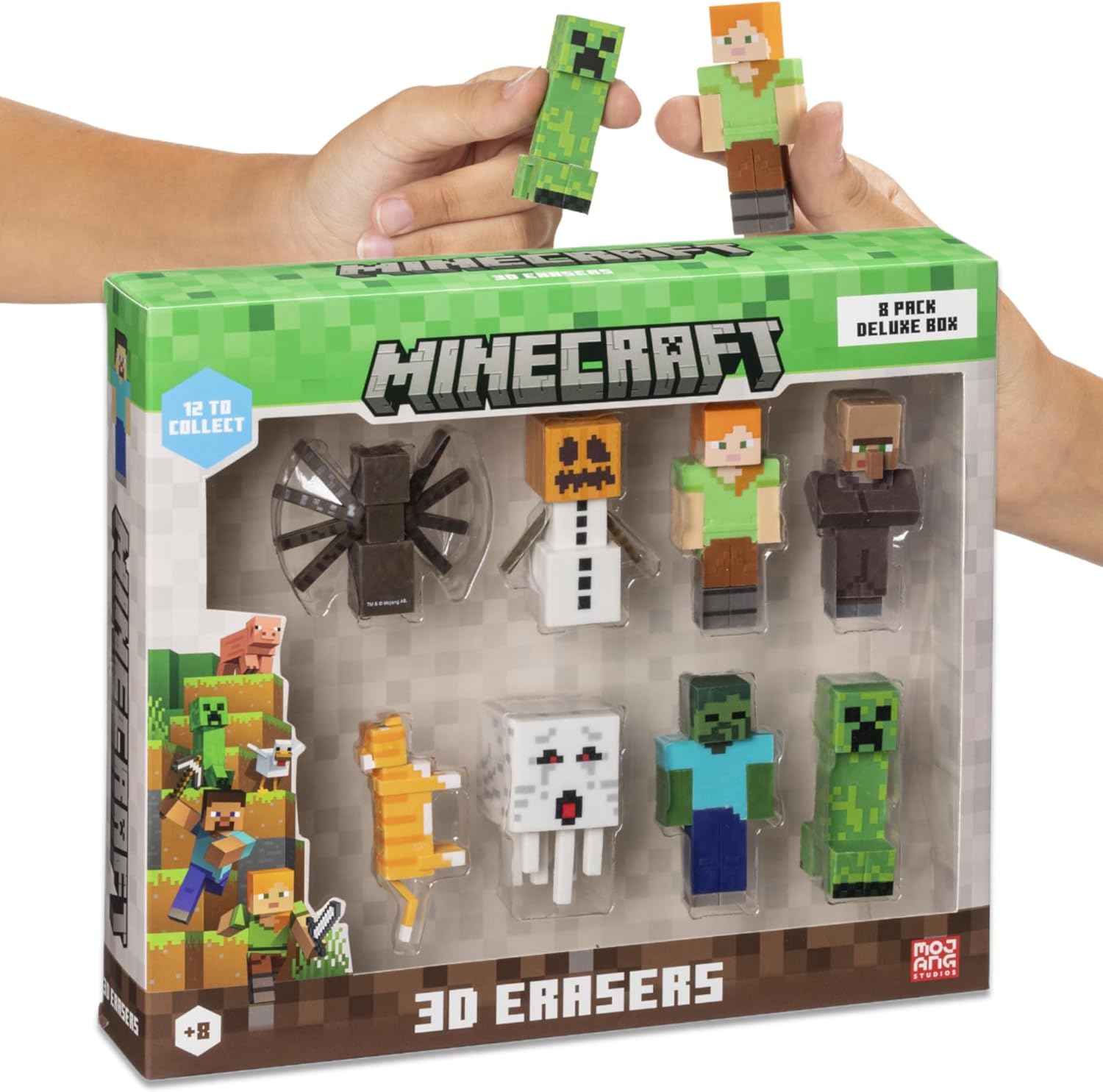 Mine Craft 3D Erasers, 8-Pack Deluxe Collector Set, 12 Iconic Characters to Collect, Own The Entire Series (Alex - Spider - CAT - Creeper - Snow Golem - Zombie - Villager - CAT)