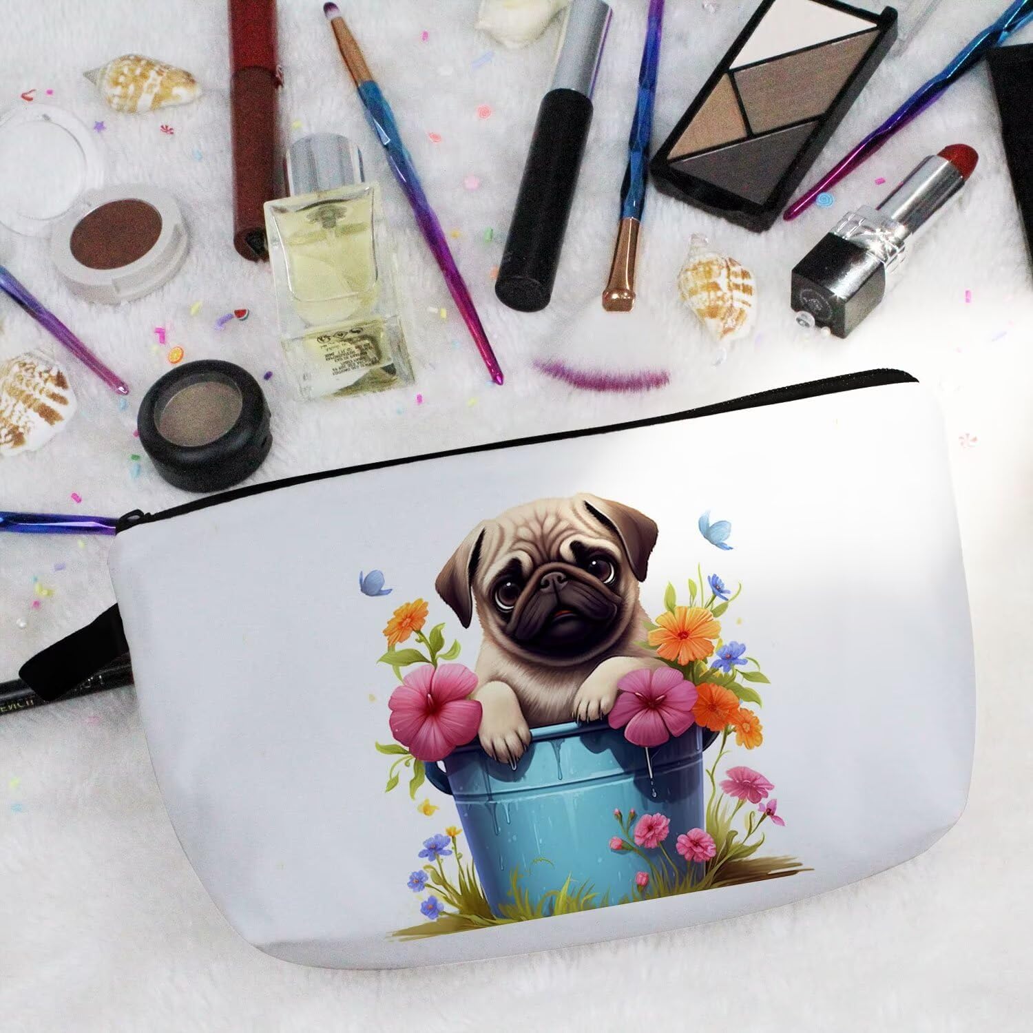 Floral Pug Makeup Bag Cute Small Organizer Zipper Pouch Floral Pug Cosmetic Bag Birthday Present for Women Friends -1 - Image 5