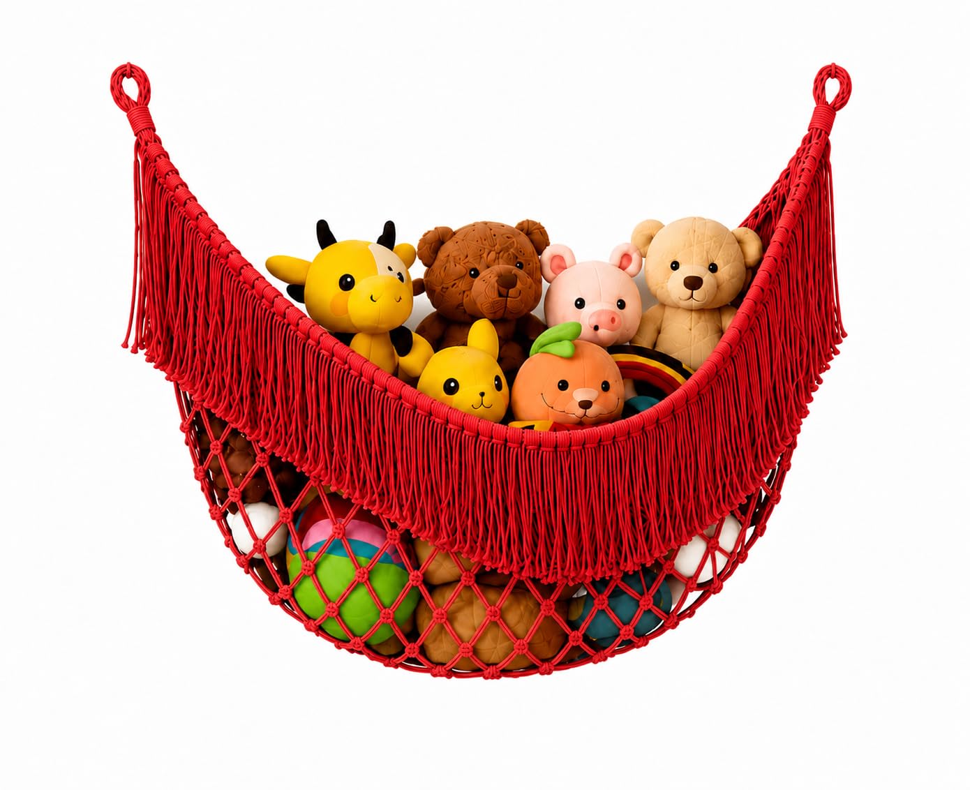 Handmade Macrame (Red) | Handmade Cotton Toy Hammock Net for Nursery, Kids Room & Bedroom Wall Hanging Organizer – Toy Storage, Room Decor-image-10