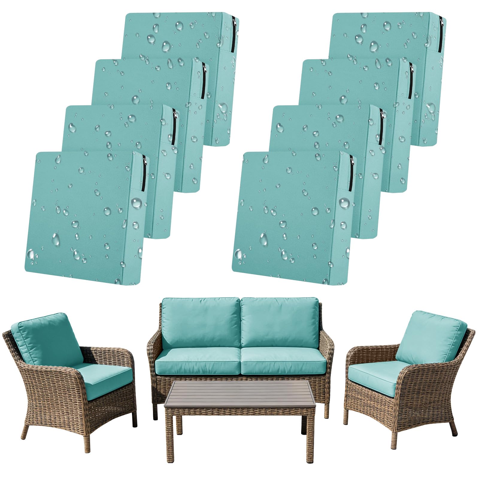 SYLC 8Pcs Outdoor Cushion Covers Waterproof Patio Cushion Covers Replacement with Zipper, Garden Rattan Sofa Seat Slipcovers Furniture Protector (Light blue,4pcs 60×55×10cm＋4pcs 63×68×10cm)