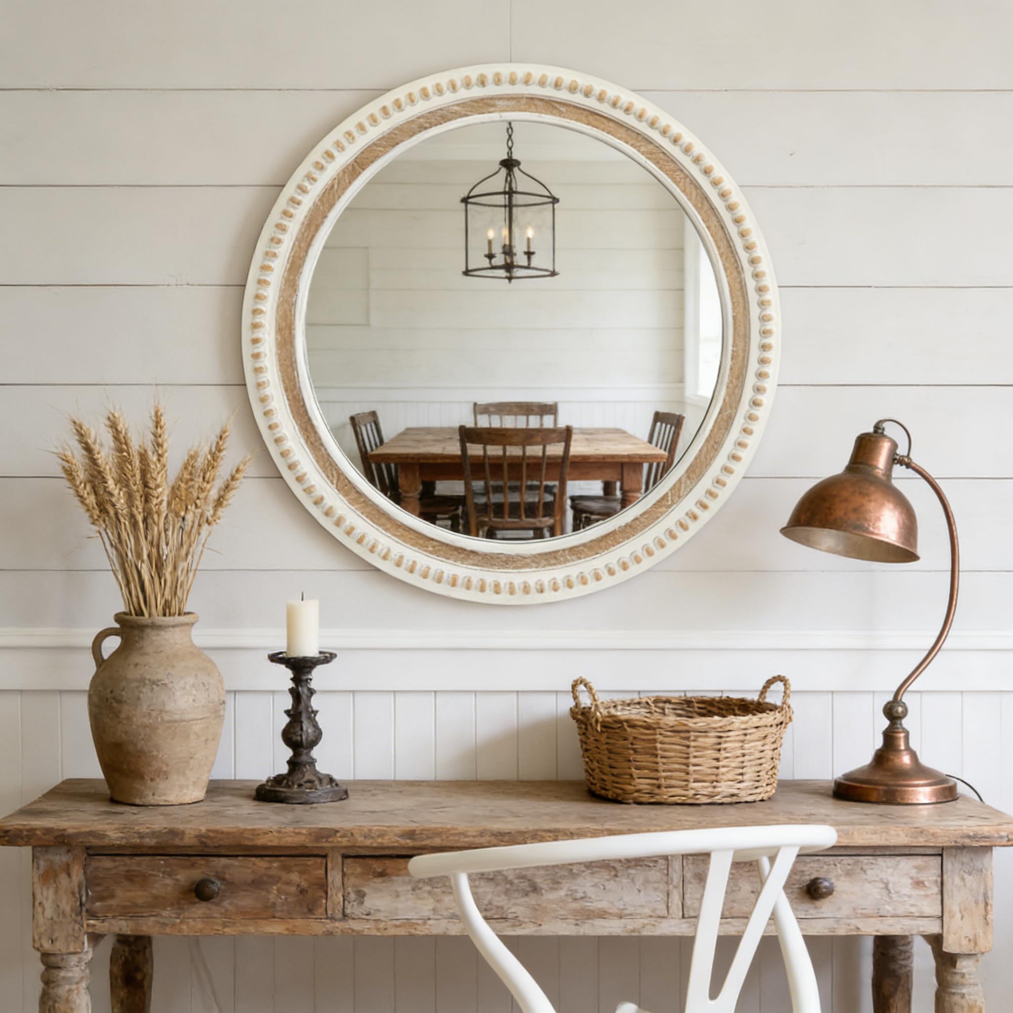 24" Round Wall Mirror, Distressed White Wood Beaded Boho Mirror, Farmhouse Decoartive Mirror for Bedroom, Living Room, Bathroom, Entryway