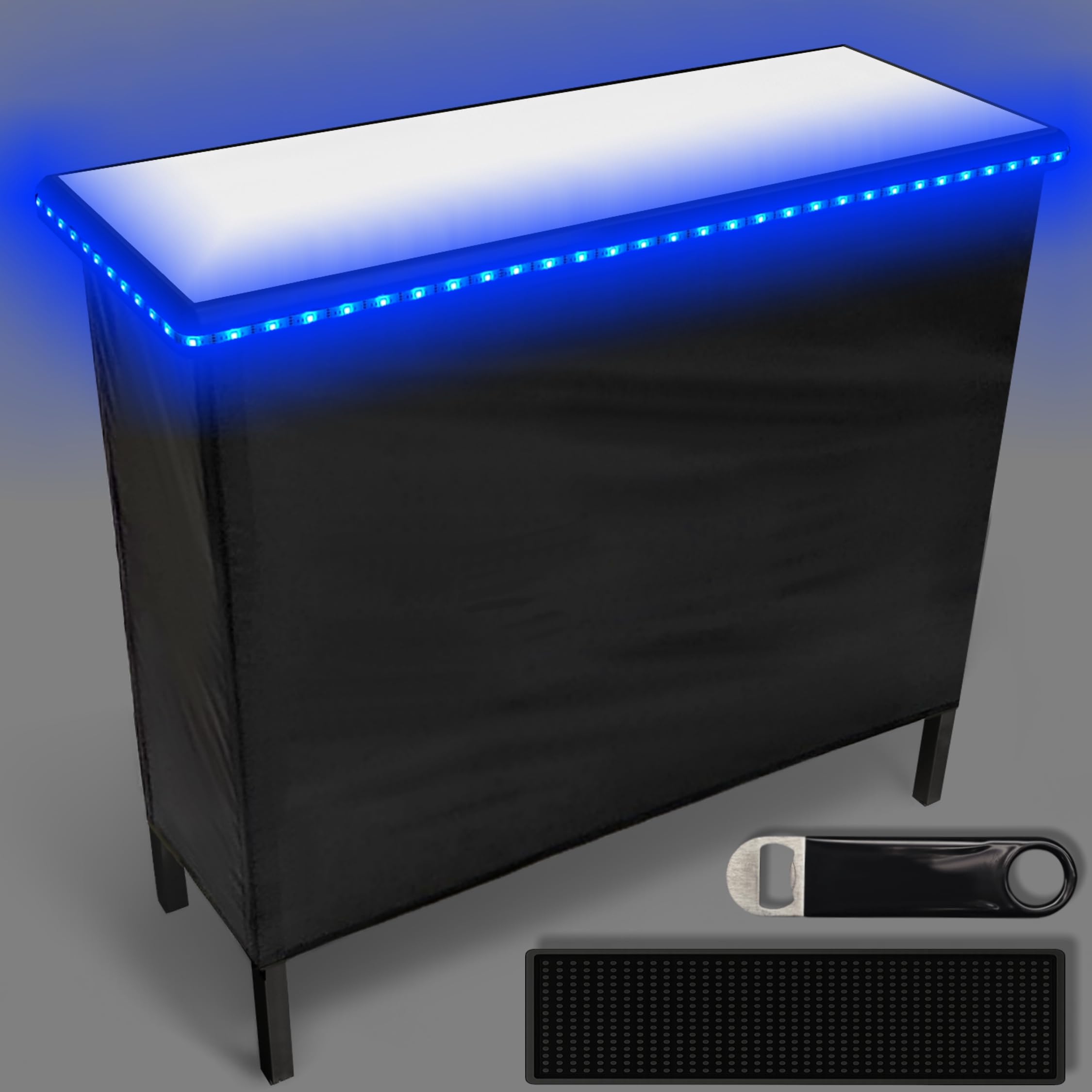PartyLife NEW &amp; Improved Portable Bar Table w/LED Lights, Folding Steel Legs, 2 Bar Skirts, Supportive Storage Shelf &amp; Carrying Case - White