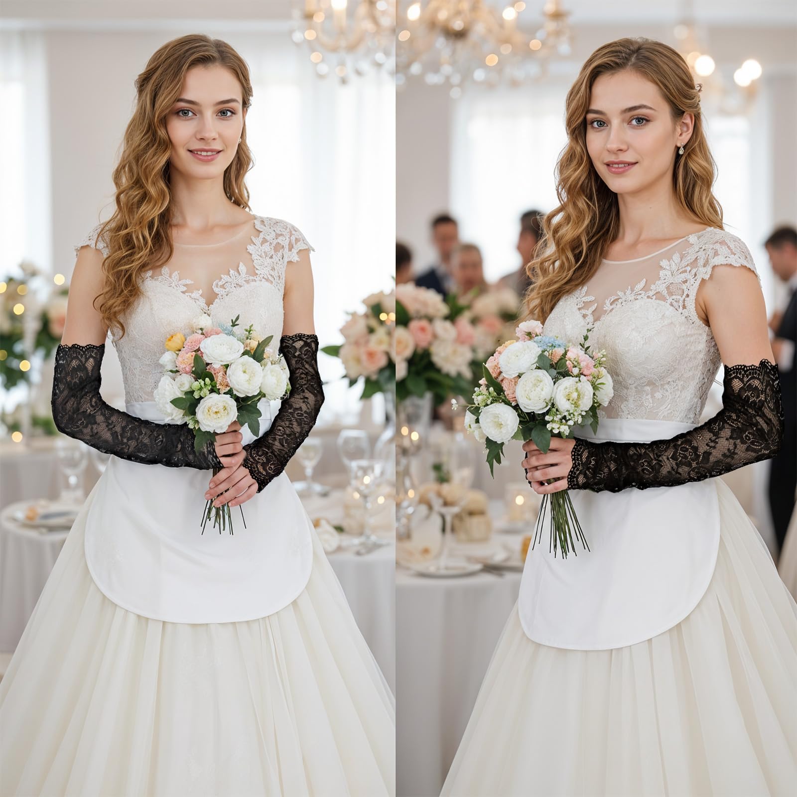 Ouligay Koronkowe rękawiczki długie dla kobiet, eleganckie rękawiczki na przyjęcie herbaciane, koronkowe, czarne, długie, długość do łokcia, kwiatowe, koronkowe, rękawiczki damskie, na lata 20
