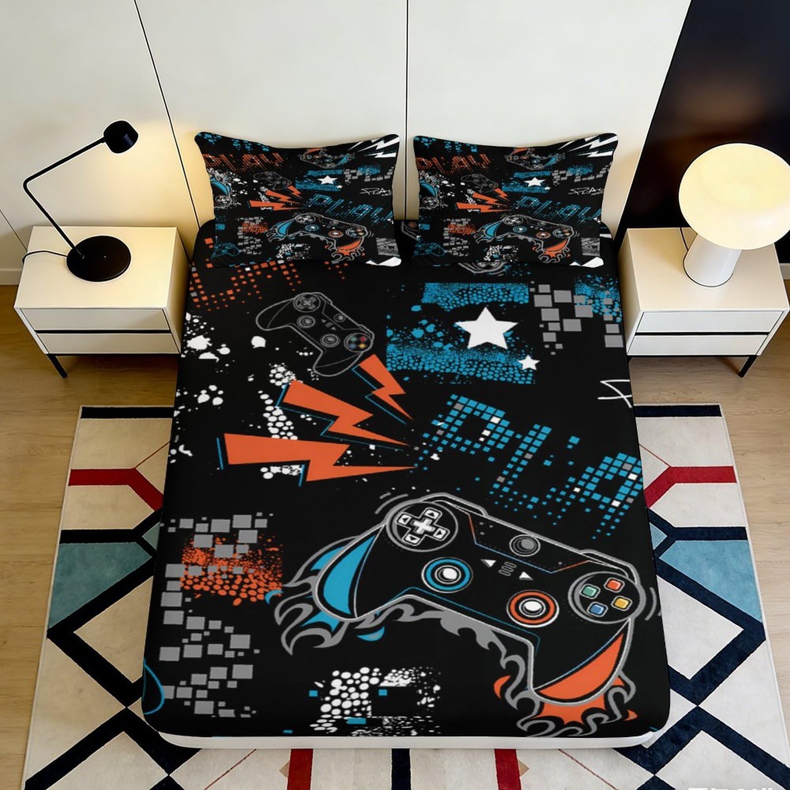3D Printed Graffiti Gamepad Fitted Sheet Microfiber Soft Black Blue Mattress Cover for Bedroom Dorm Room Decor 90x200x25cm