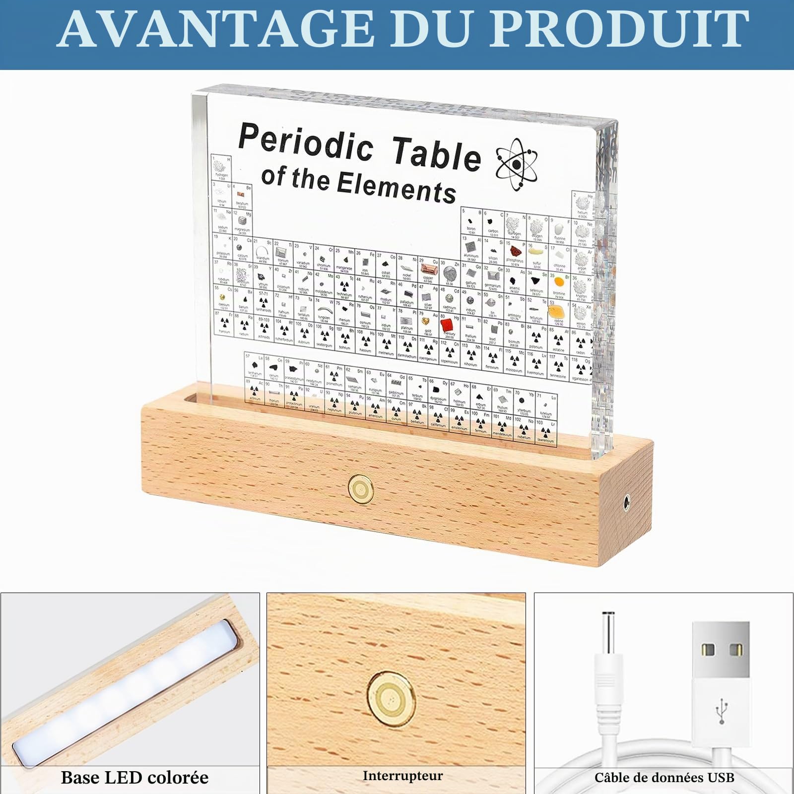 SOEPOTIX Tableau périodique des éléments Chimiques, Tableau Periodique des Elements Acrylique de Lampe Table LED avec Élément Vrai pour Outil Enseignement Cadeau de Chimie pour étudiants, enseignants