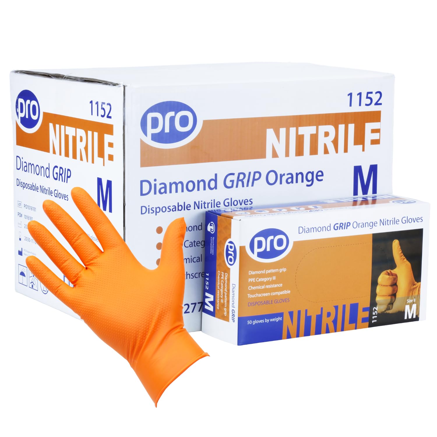 PRO Diamond Grip Orange Disposable Gloves - Heavy Duty Nitrile Glove - 500 Pack - Medium - Powder-Free, Latex-Free - Mechanic Gloves, Workshop, Automotive & Industrial PPE