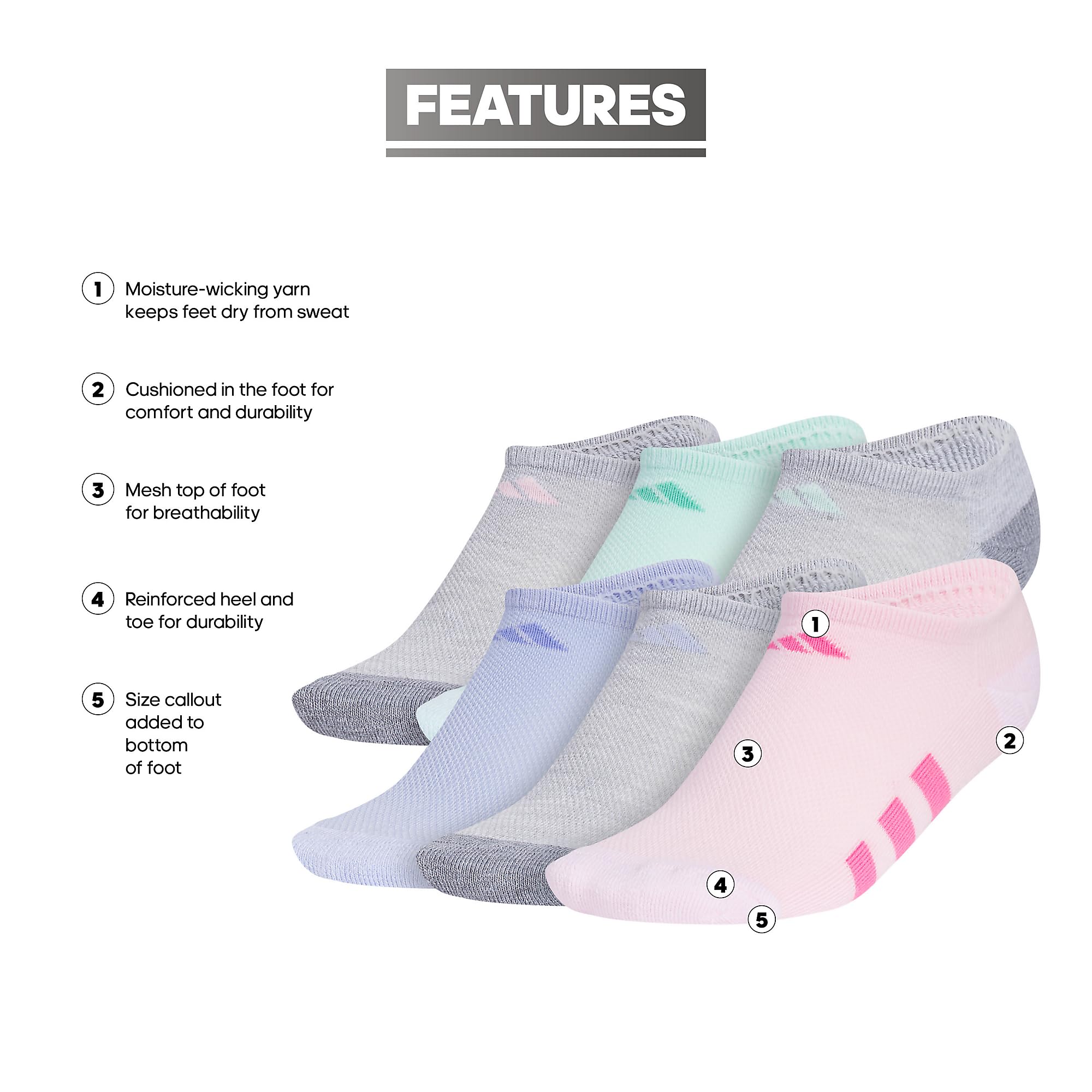 adidas Calzini sportivi imbottiti per ragazzi (6 paia) per bambini, ragazzi e ragazze, resistenti, traspiranti, vestibilità a basso profilo, Cool Light Heather/Grigio/Semi Flash Aqua Blue, L