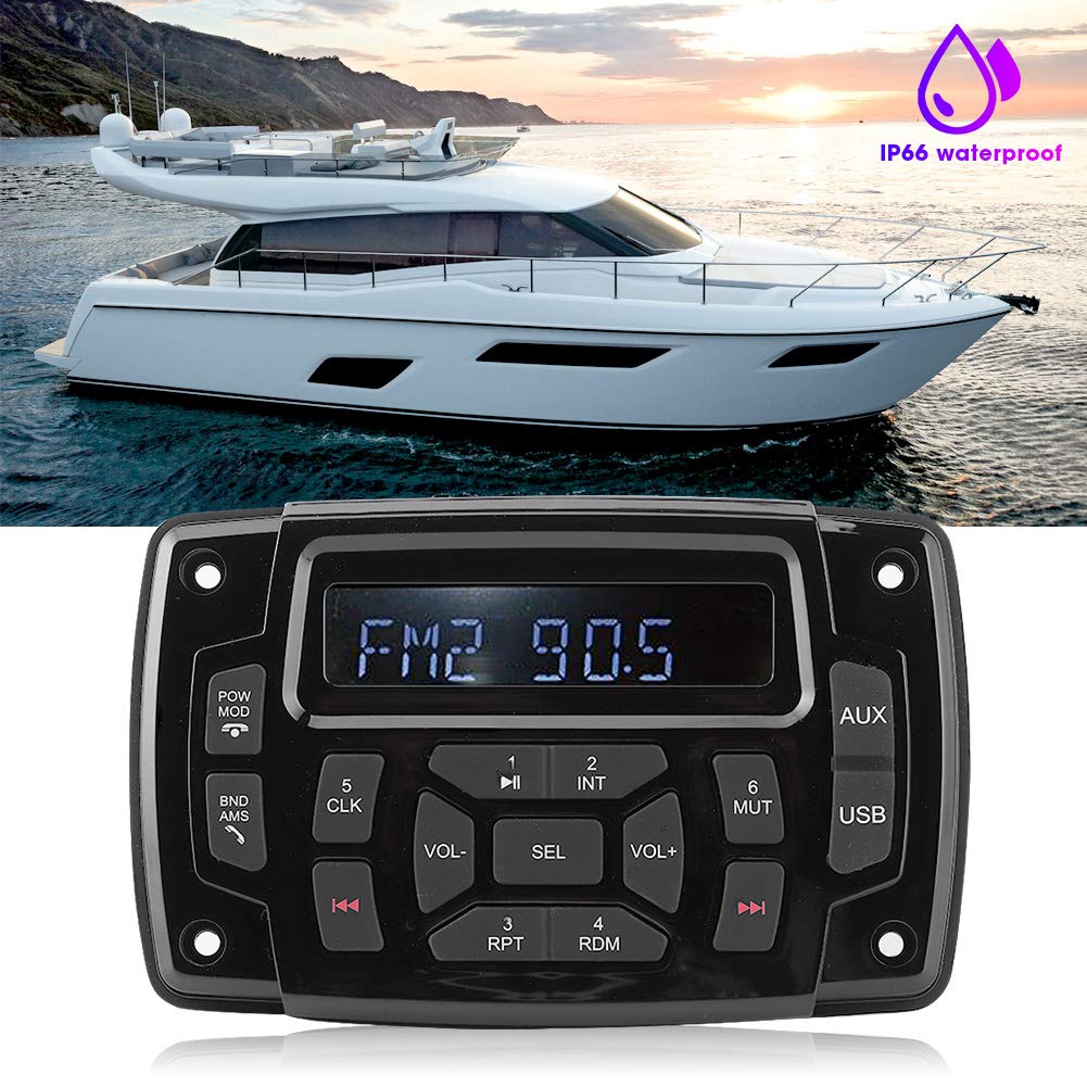 Radio estéreo Marina, Bluetooth FM Am Receptor estéreo Marino Reproductor de MP3, IP66 Receptor Barco de 12v Impermeable/Resistente a la Intemperie con LCD Digital, Receptor Centro Multimedia