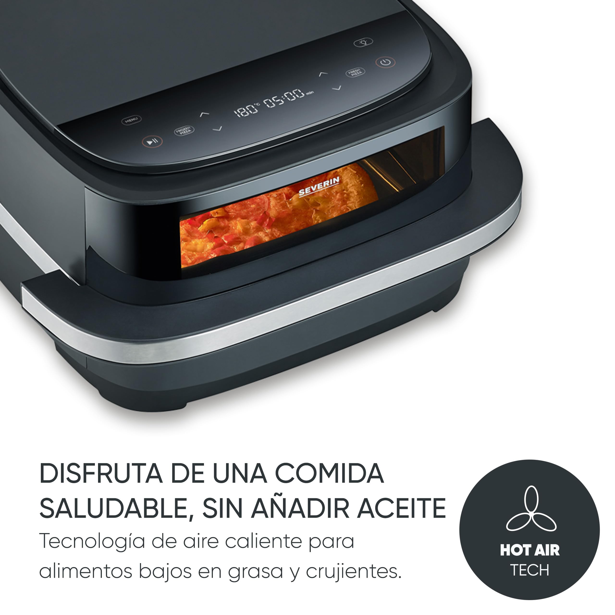 SEVERIN Freidora de aire S-Fry Pizza & More, 10 programas automáticos para pizza y más, distribución óptima del calor, forma extraancha, ventana de visualización, 4 l, 2100 W, negro, plateado, FR 2464