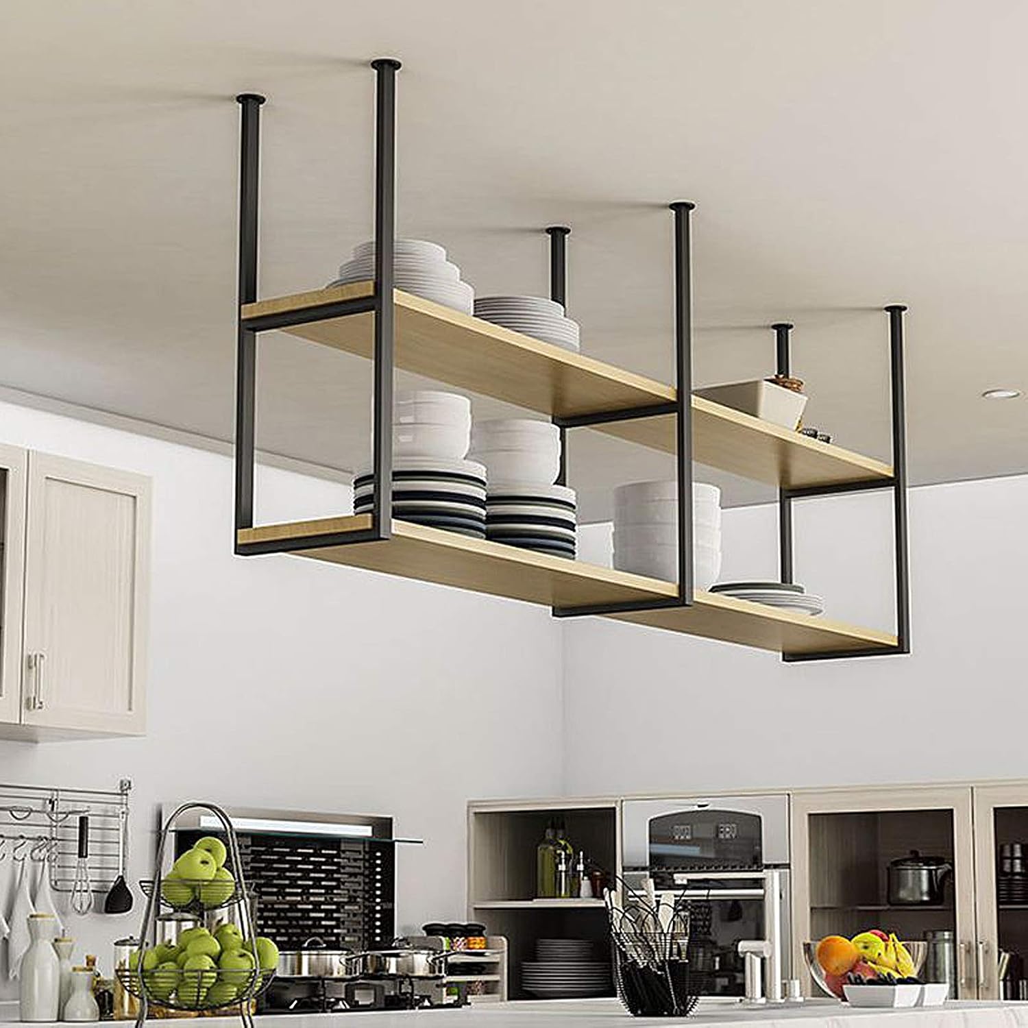 Ceiling Shelf Mounted Floating Suspended Shelves,Hanging Wooden Ceiling Shelf Rack,Storage Rack for Bars/Restaurants/Kitchens,80×30×80cm