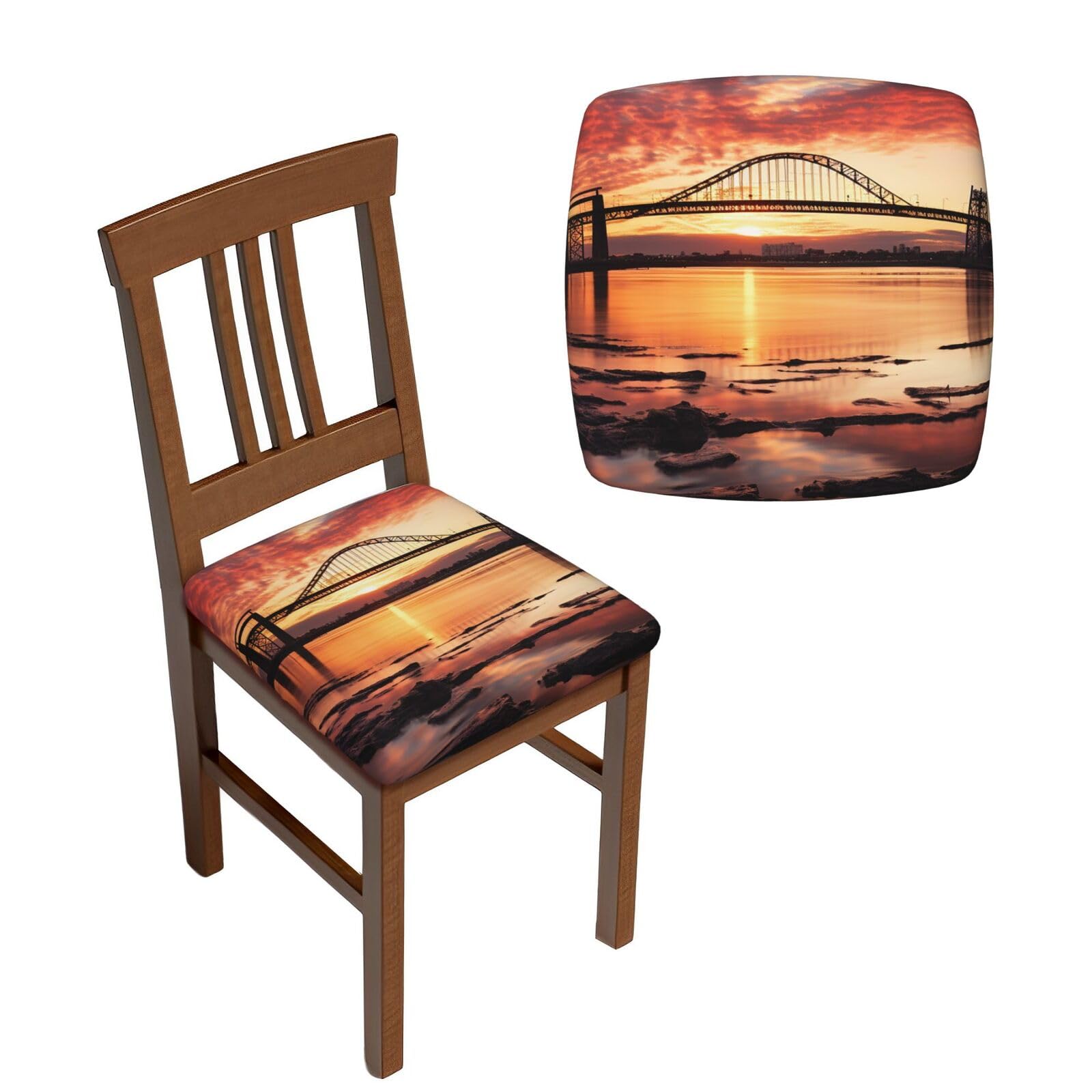FodPand 4PCS Dining Chair Covers for Dining Room Newark Bay Bridge and Sunset Chair Seat Cover Stretch Parsons Chair Slipcover Removable Washable Seat Cushion Slipcovers Cover for Kitchen Office