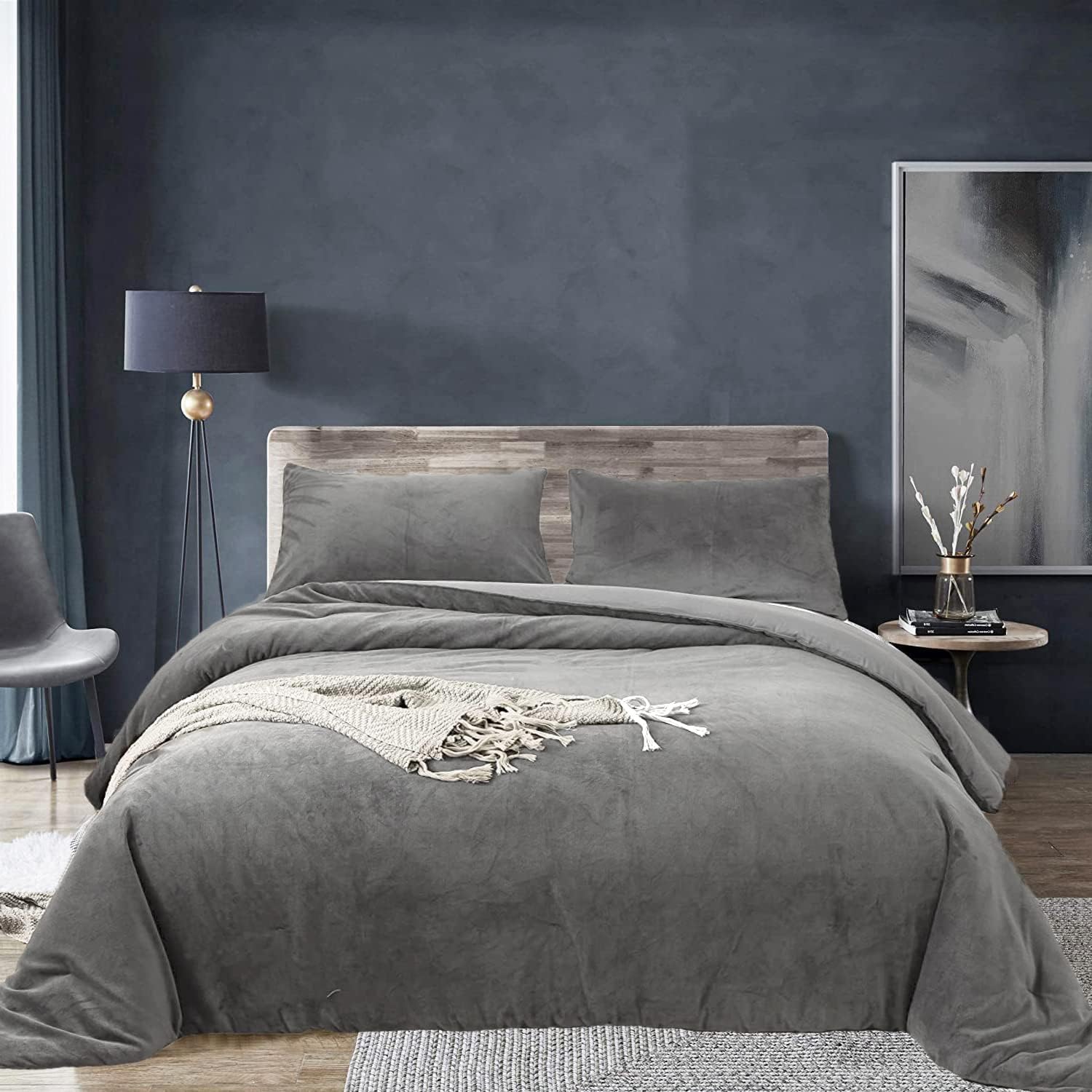 Houseri Grey Velvet Comforter Set King Fluffy Gray Bedding