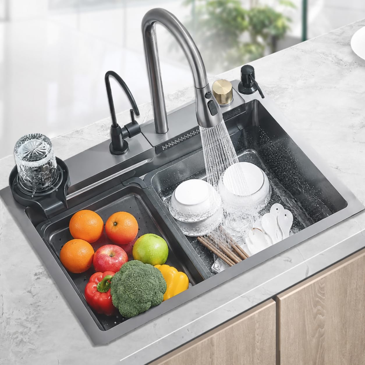 Lavello da cucina multifunzione 60 x 45 cm, lavello 1 vassoio in acciaio