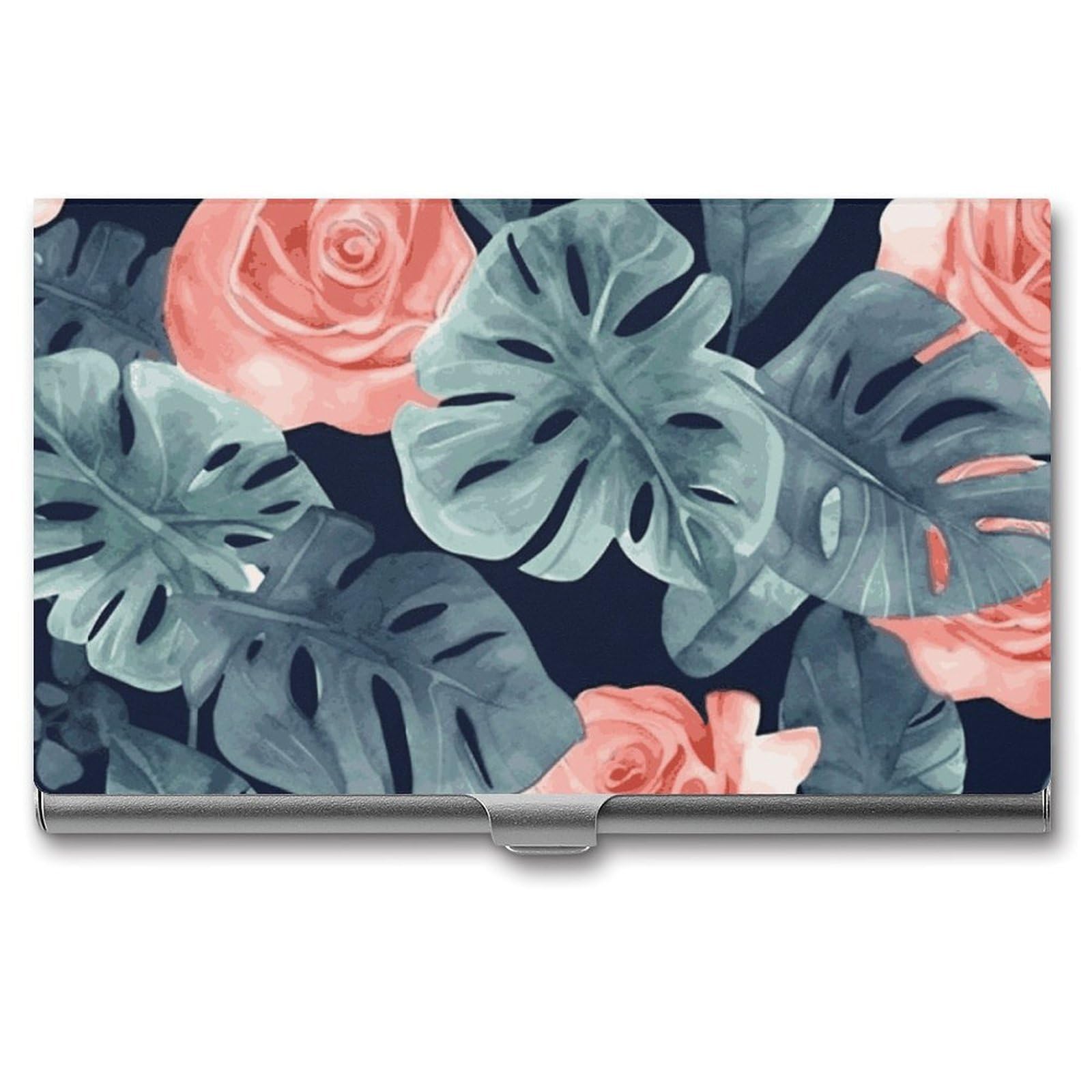 BTCOWZRV Watercolor Monstera Pattern Business Card Holder Metal Slim Business Card Case, Pocket Card Holder for Men Women Purse Name Card Holder Stainless Steel Wallet Credit ID Case for Office