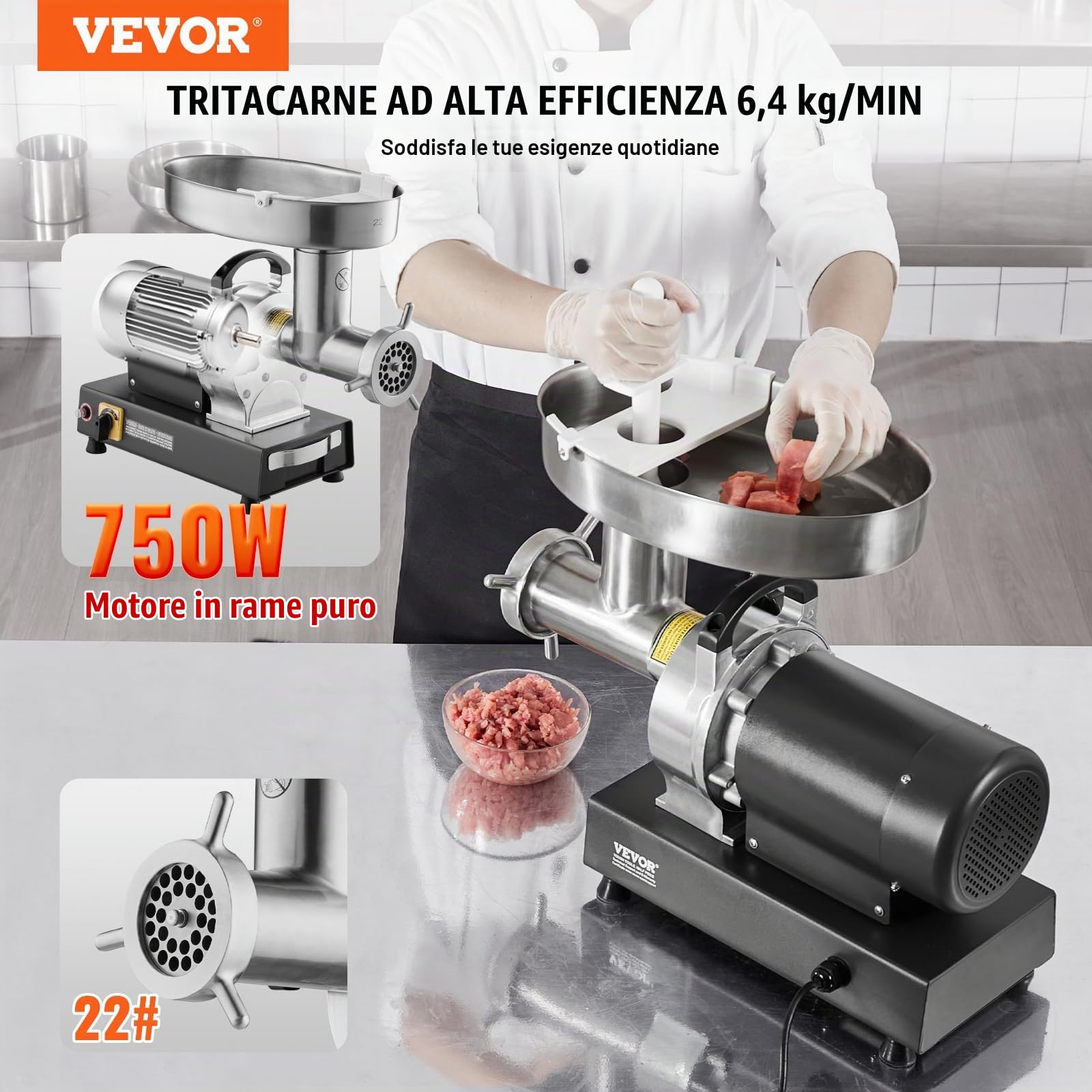 VEVOR Tritacarne Elettrico, Capacità 6,35 kg/min Tritacarne Industriale da Banco con Lama, Piastra di Macinazione, Macchina per Salsicce, Tritacarne Commerciale in Acciaio Inossidabile per Cucina