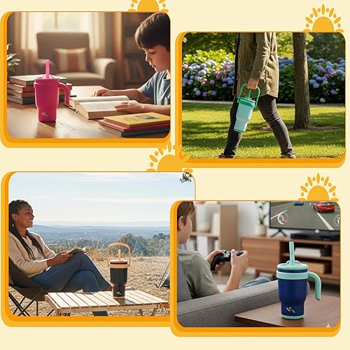 Miniatura 6 de Vaso de 14 onzas con asa lateral, botella de agua aislada con popote y tapa 2 en 1, taza de acero inoxidable, taza de café de viaje, para deportes,