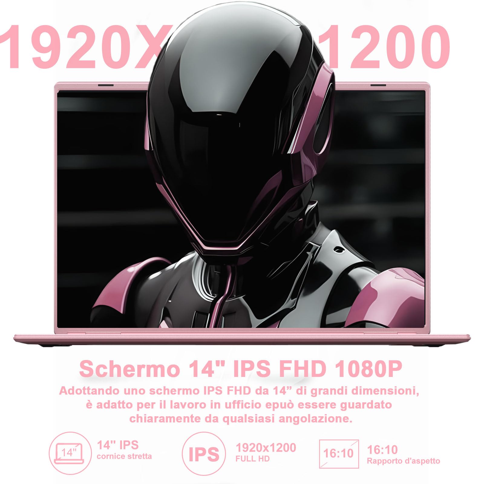 NOTODD PC Portatile 14 Pollici Laptop N5095 (fino to 2.9 GHz), Win 11 Notebook 8 GB 256 GB SSD 1TB Estensioni丨Dual WIFI Supporto丨Ventola Raffreddamento Schermo丨1920 * 1200 2K FHD-Pink