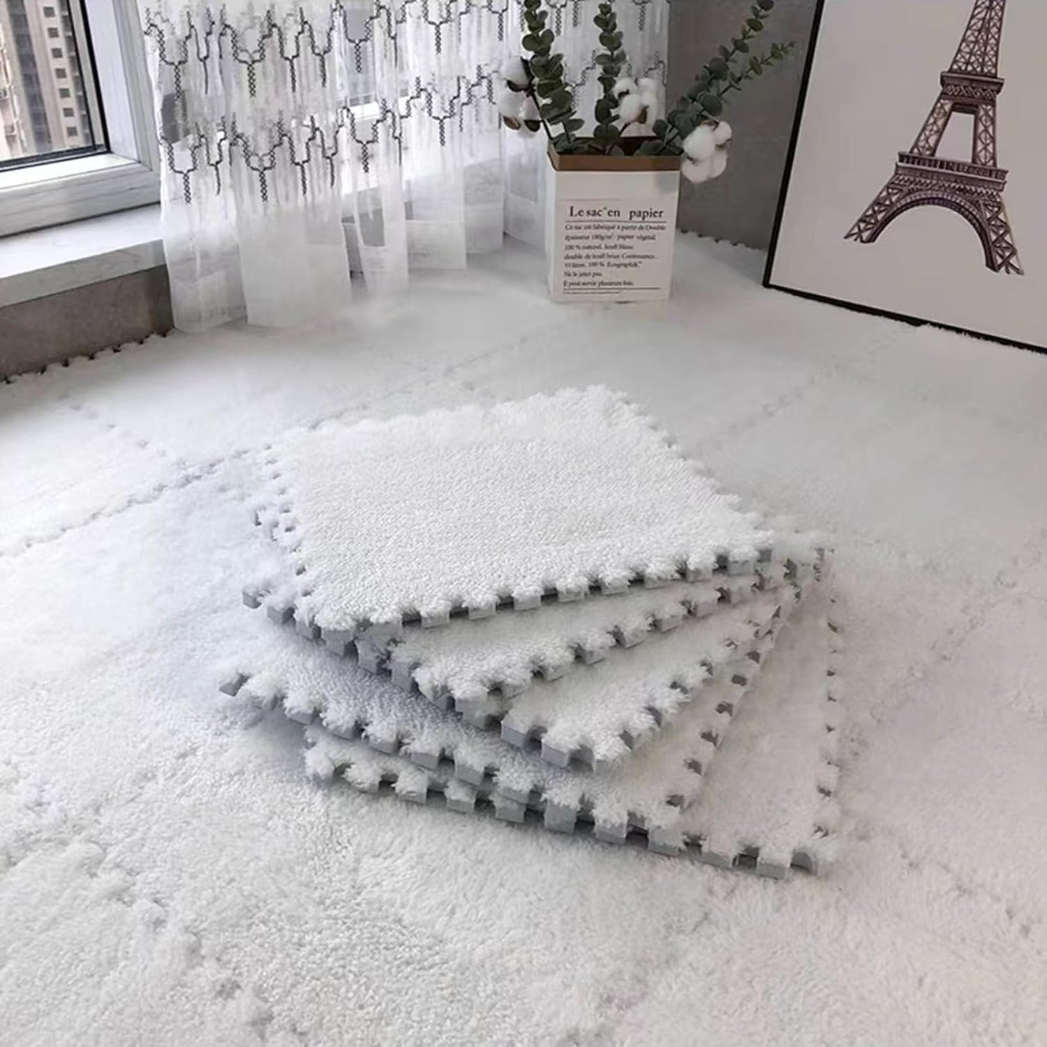LNNNW Miękka Pluszowe maty puzzle 12 sztuk pluszowego dywanika podłogowego z pianki, miękkiej antypoślizgowej maty wspinaczkowej, wystroju wnętrz, dywaników do układania puzzli(Bianco)