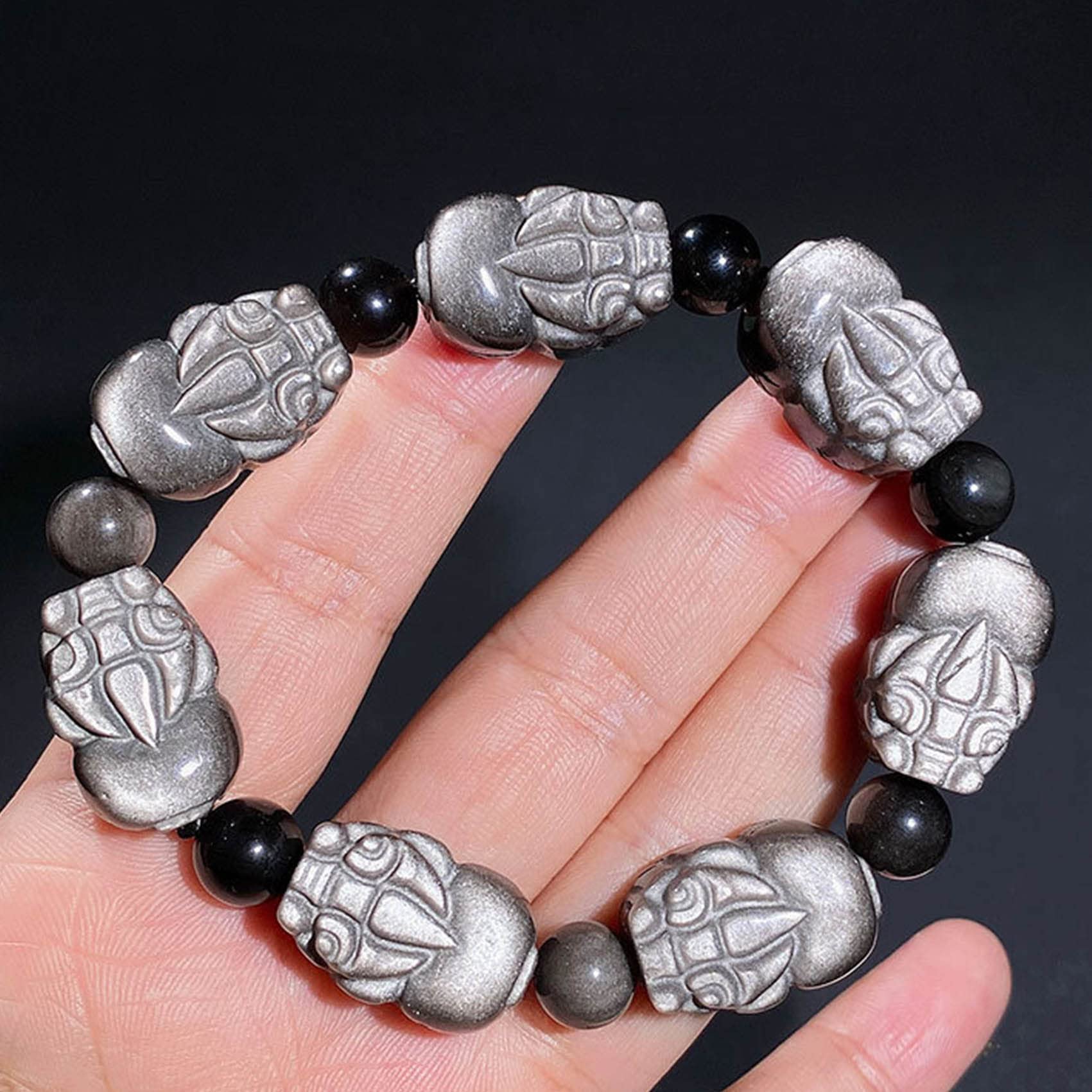 Armband Feng Shui Armband Natursilber Obsidian Armband Glücksdrache Armband 8mm Kristall Spacer Perlen Talisman Kristall Chakra Steine ​​Armband Unisex,7 Perlen