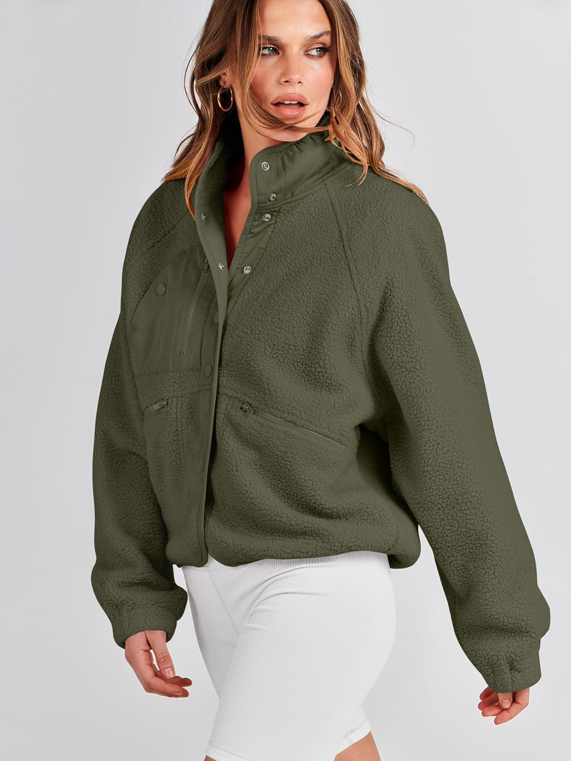 ANRABESS Womens Fuzzy Fleece Jacket Fall Casual Long Sleeve Cropped Sherpa Button Down Shacket Coats Outwear With Pockets - Image 5