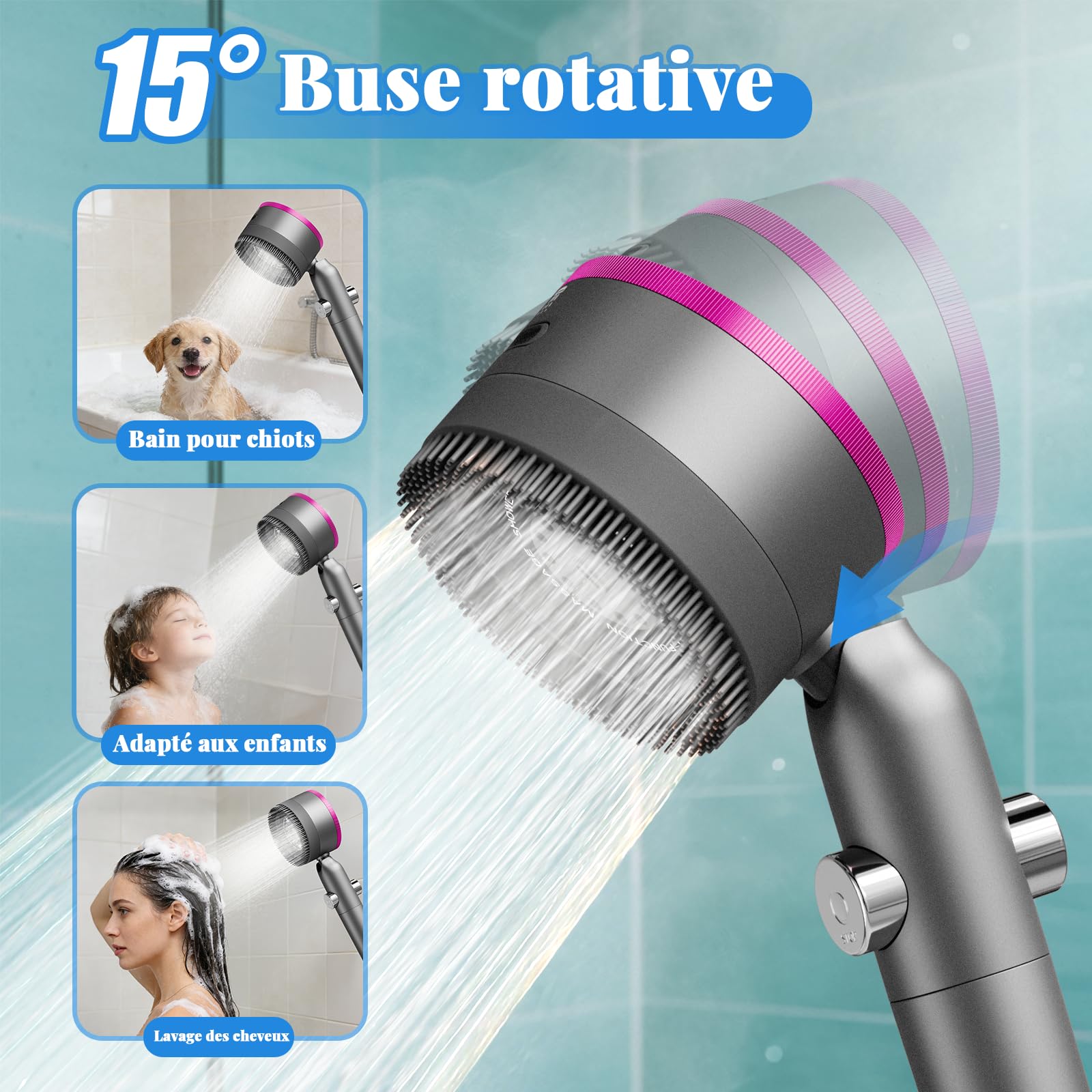 Pommeau de Douche Haute Pression Anti Calcaire,Pommeau de Douche Filtrant Economie d’Eau avec Tuyau 1,5M et Support,4 Modes de Jets Poire de Douche avec Bouton Pause high pressure shower head