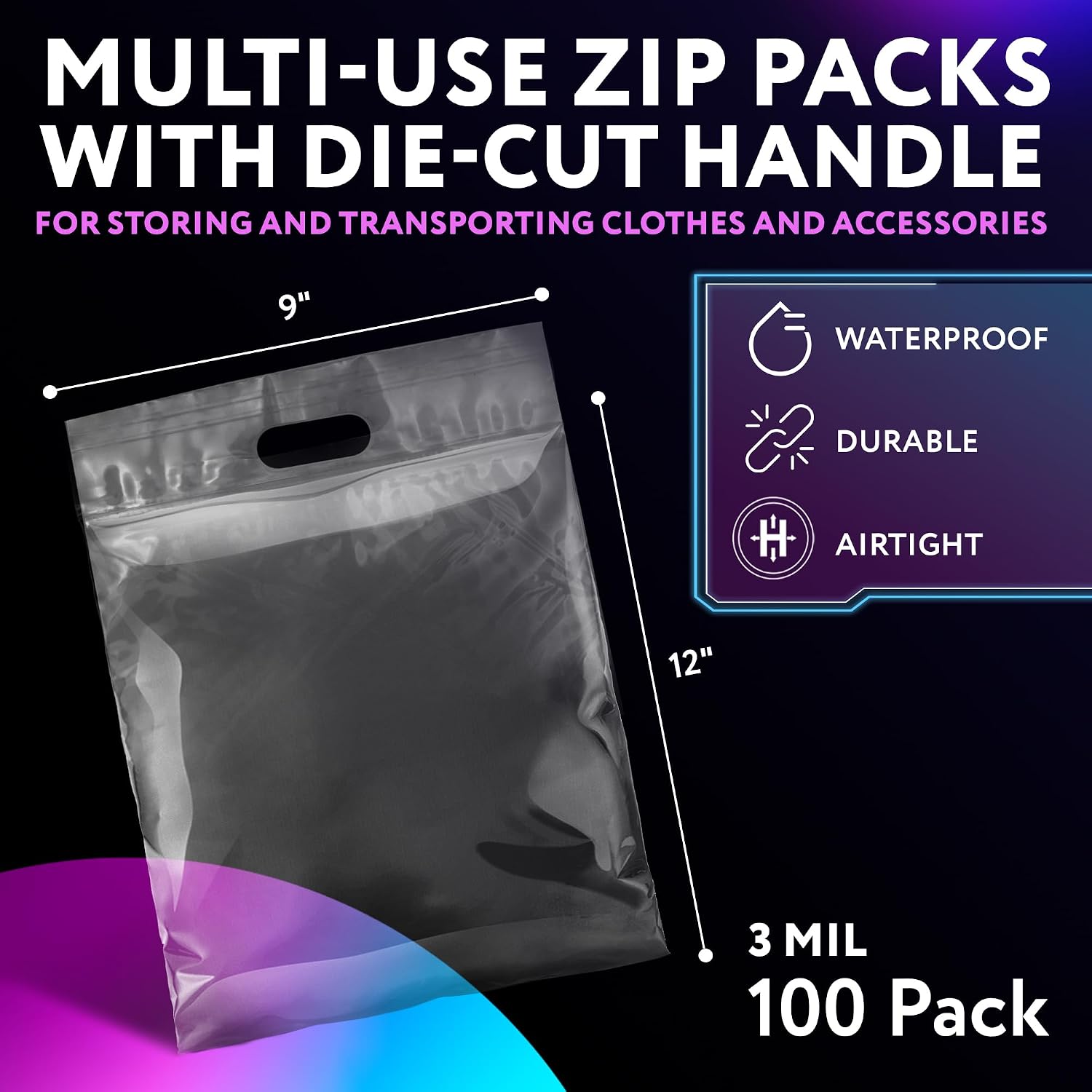 APQ Die Cut Zipper Bags, 9 x 12 Inches. Pack of 100 Clear Polyethylene Die Cut Handle Reclosable Zip Bags for Clothes, Tools. 3 Mil Thick Durable Reclosable Plastic Bags With Zipper Closure