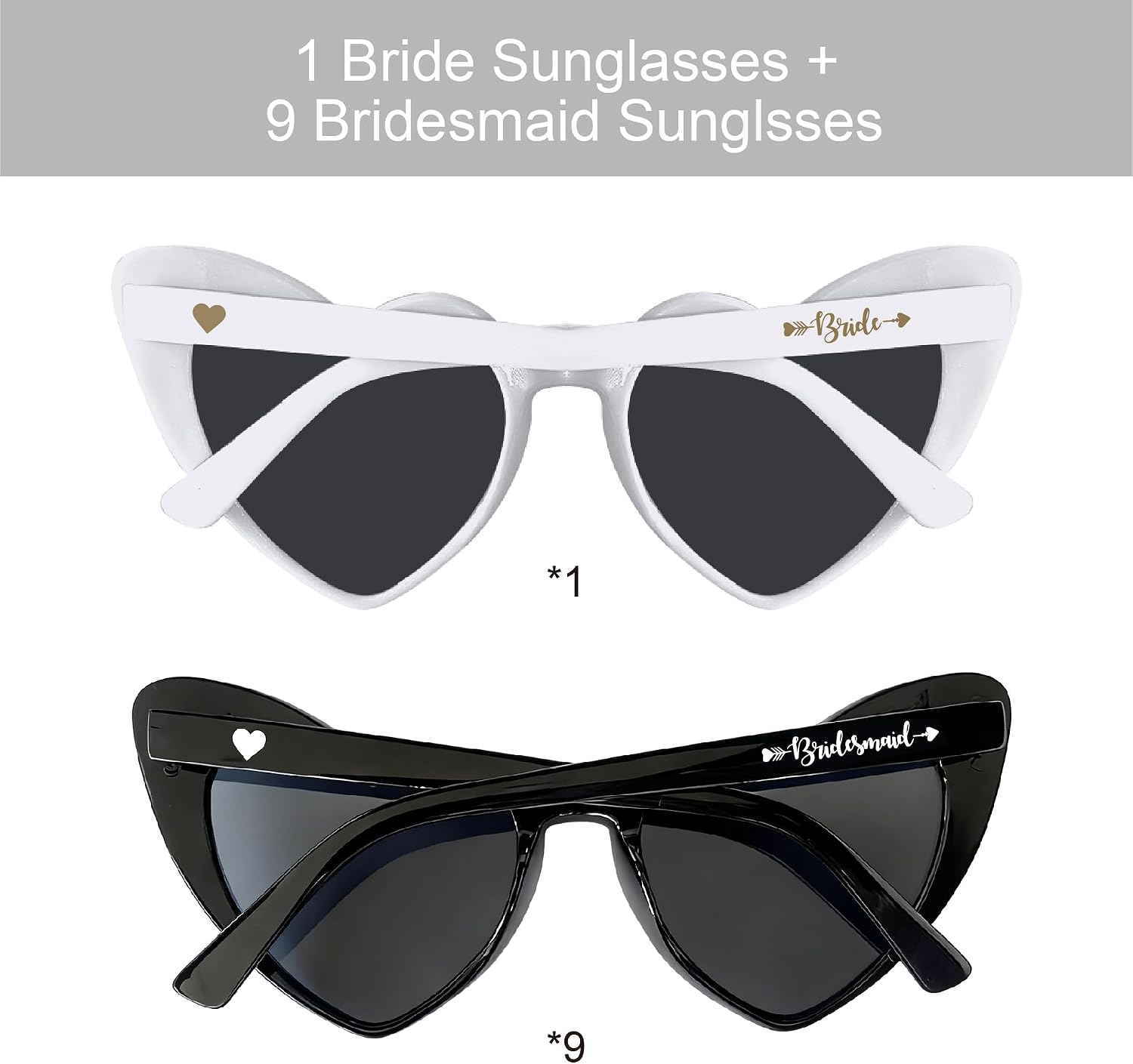 Bridesmaid 10 Pack Heart Shaped Bachelorette Sunglasses, Bride Sunglasses for Wedding Bridal Party Favors