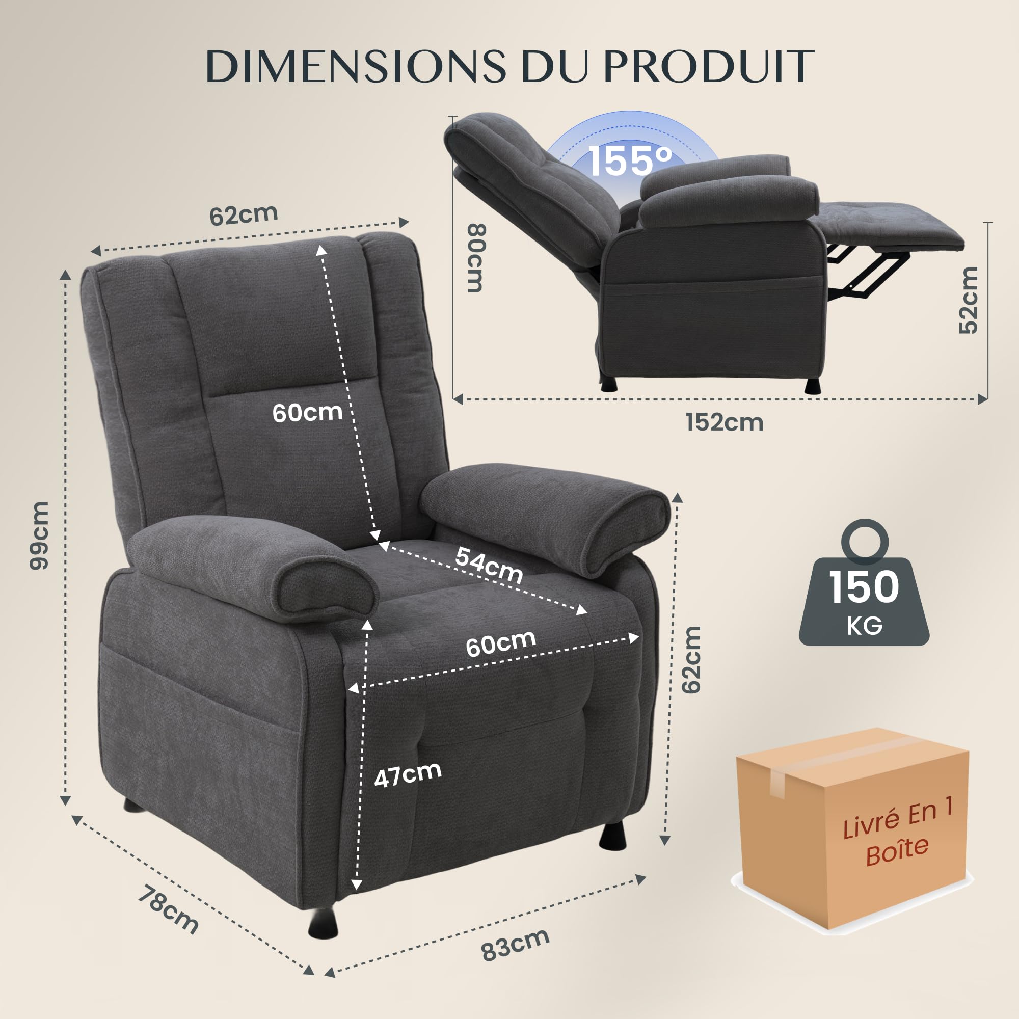 FLEXISPOT Elektryczny fotel relaksacyjny 95°–155° – 155°, uchwyt 150 kg, ergonomiczny fotel telewizyjny z podnóżkiem, regulowane oparcie, gruba wyściółka, kieszeń boczna, ciemnoszary