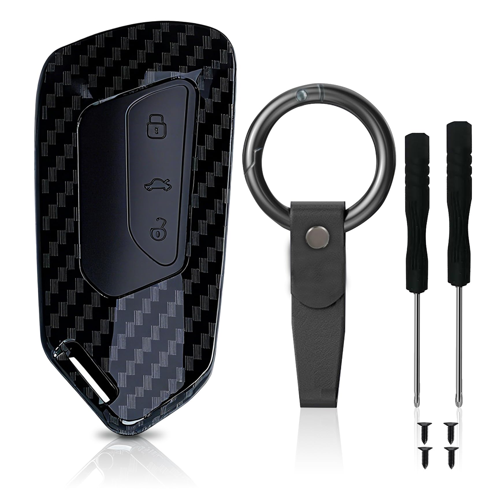 Carbon Autoschlüssel Hülle kompatibel mit VW Golf 8, ID3, ID4, e-Golf, für Seat Leon MK4, für Skoda Octavia, für Cupra Formentor – 3-Tasten Cover mit Schlüsselanhänger, robust & stilvoll