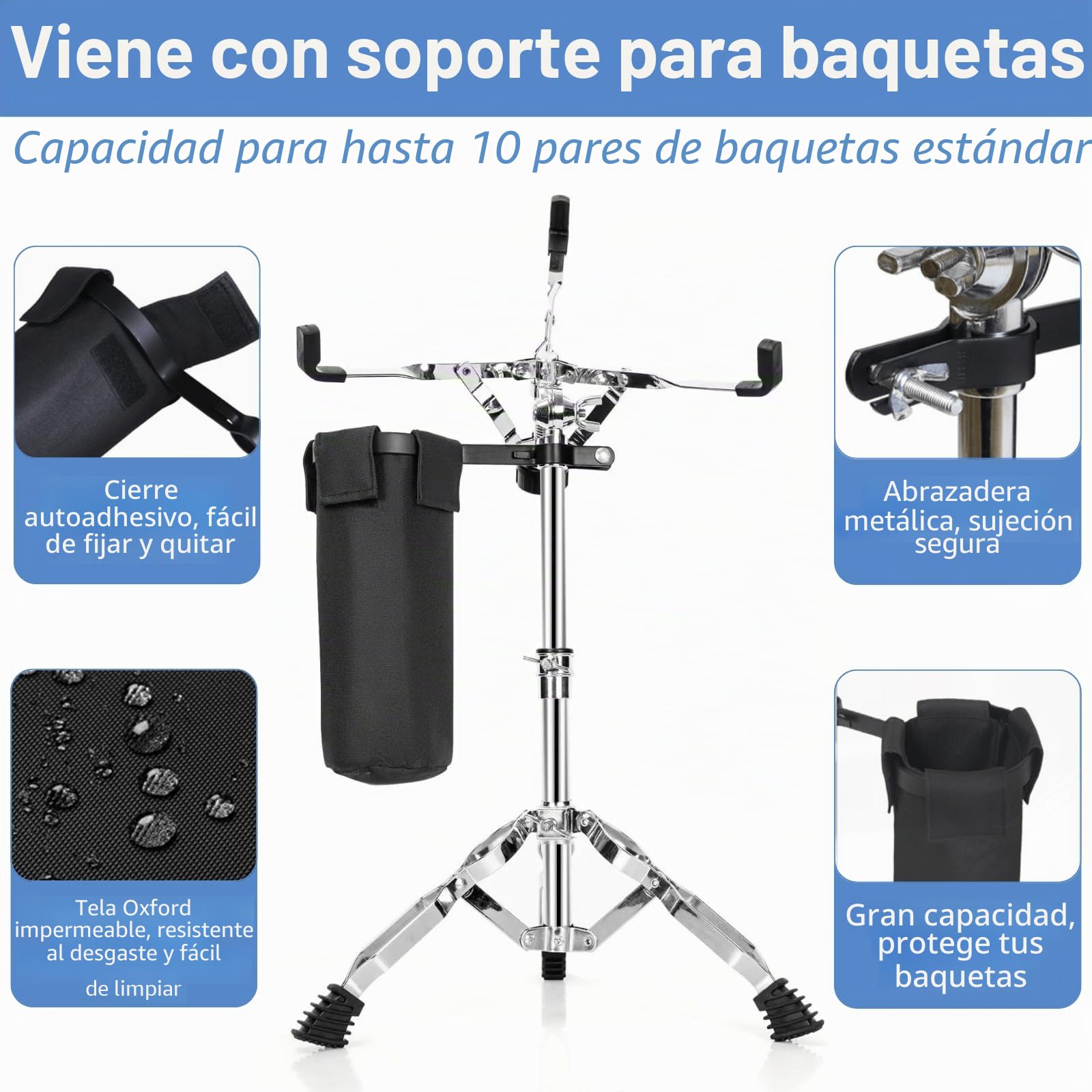 Youeon Soporte de tambor con soporte para baquetas, ligero y doble refuerzo, adecuado para cajas de 10 a 14 pulgadas, altura ajustable de 14,5 a 23 pulgadas, para principiantes