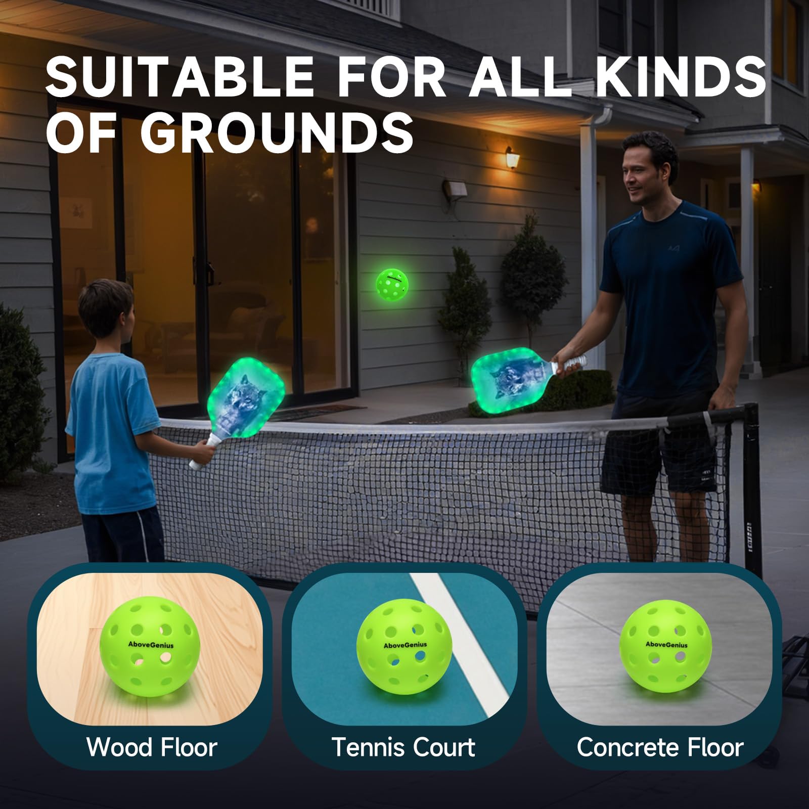 AboveGenius Palline da pickleball con luci LED, confezione da 6 palline da pickleball che si illuminano al buio, ad alta visibilità e di lunga durata per giocare notturno