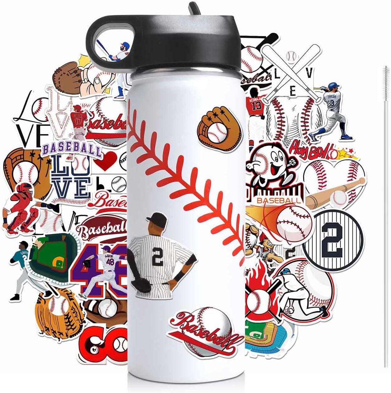Baseball Water Bottles for Boys, Stainless Steel Baseball Water Bottle Gifts Stuff for Boys & Kids with 50Pcs Stickers (18OZ)