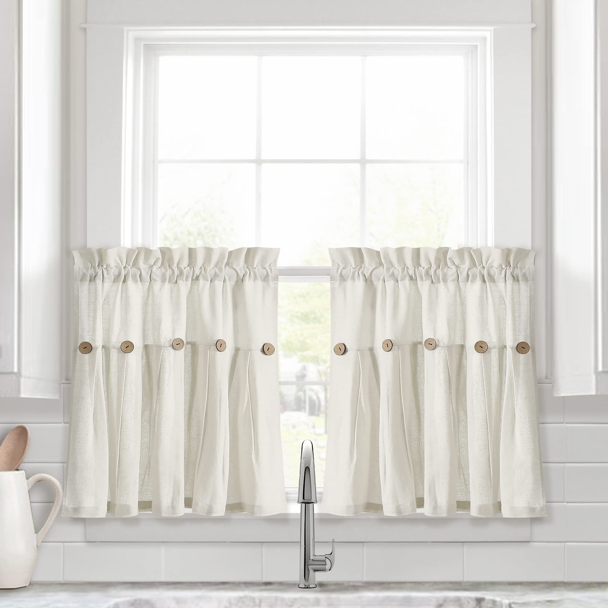Lush Decor Lot de 2 Rideaux de fenêtre à Boutons en Lin Blanc cassé 73 x 61 cm