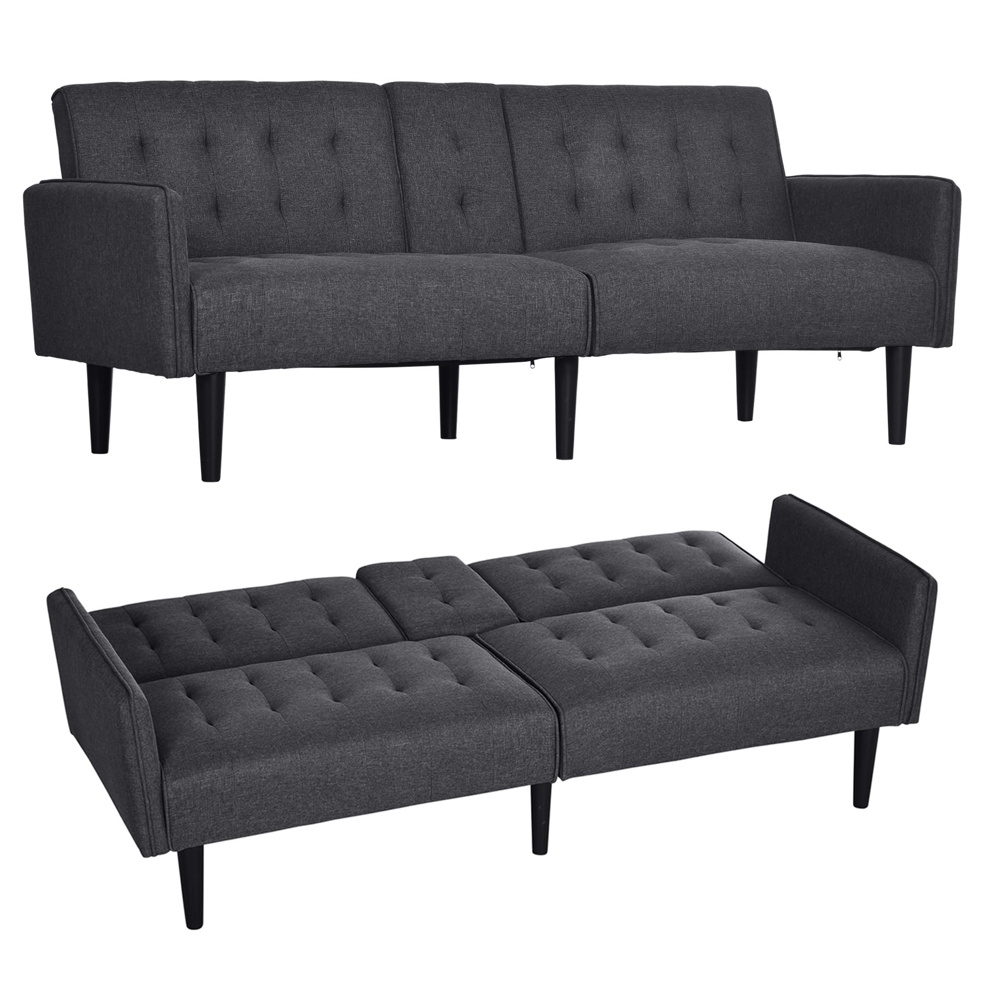 Homcom Grey Upholstered Click Clack Sofa Bed, Linen-Feel 3 Seater Sofa Bed With Storage And Cupholders,