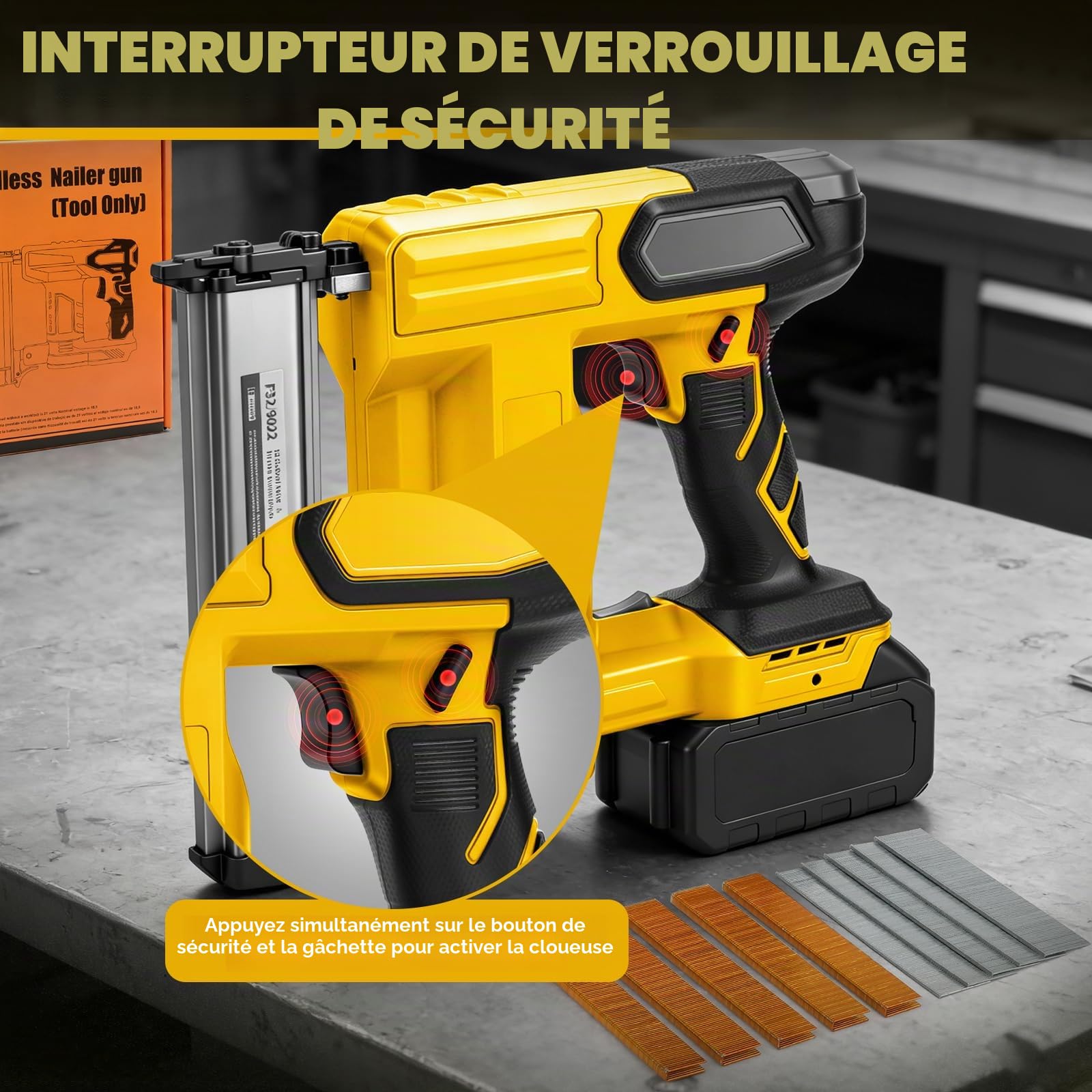 WingFly Agrafeuse Sans fil Compatible avec Dewalt 18 V, 20 V, Cloueuse Professionnelle avec 1000 clous, Agrafeuse électrique pour Projets de Bricolage en Meubles, Menuiserie (Sans batterie)