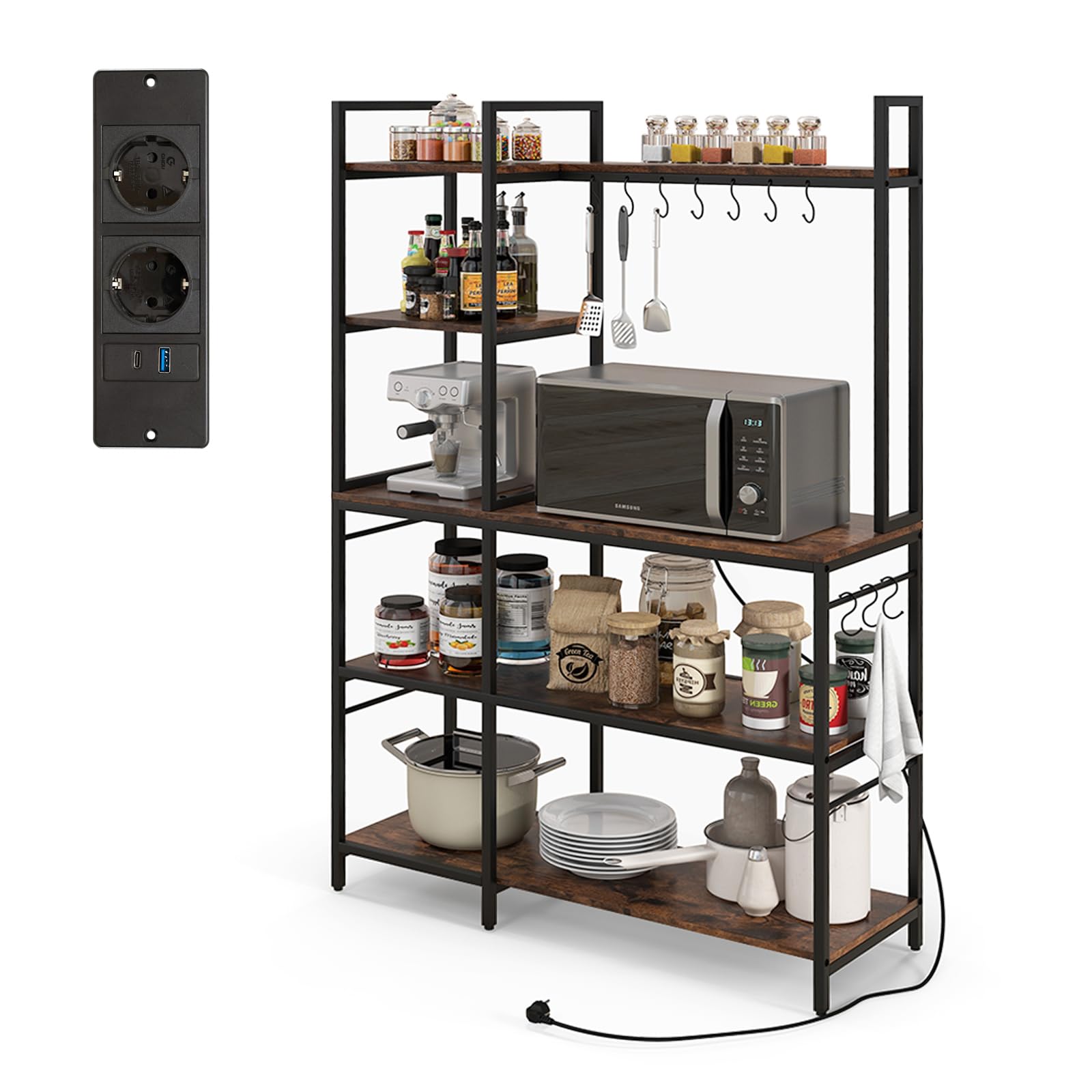 KOMFOTTEU Mensola Microonde a 5 Livelli in Metallo, Scaffale Cucina con Stazione di Ricarica, 10 Ganci, Supporto per Forno a Microonde, Scaffale Da Panetteria per Sala da pranzo, 107x37x160cm, Marrone