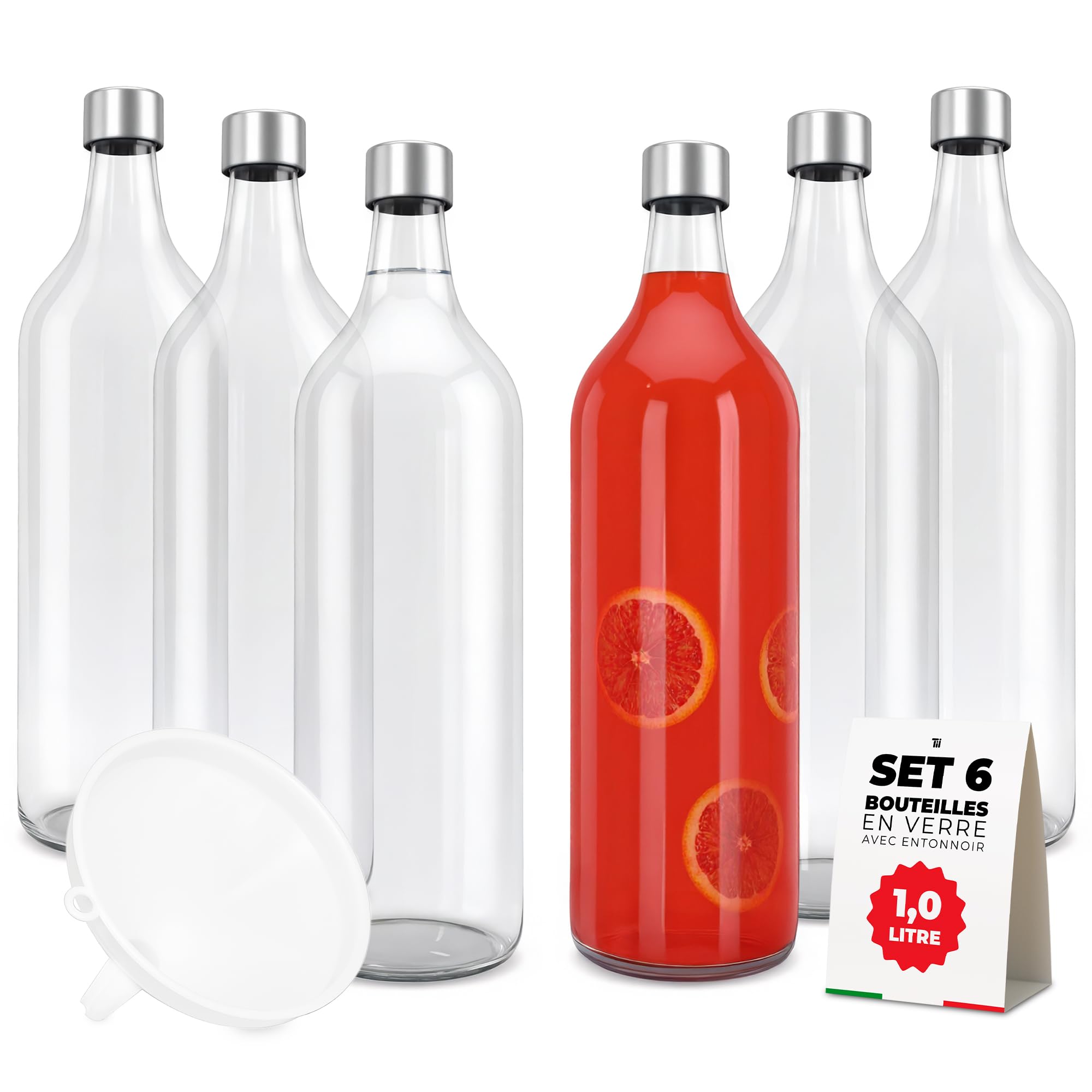 TUNDRA - Lot de 6 Bouteille Verre 1L avec 6 Bouchons à Vis et 1 Entonnoir | Ligne ELVIA | Bouteilles en Verre 1 Litre MADE IN GERMANY, Résistantes et Lavables au Lave-Vaisselle