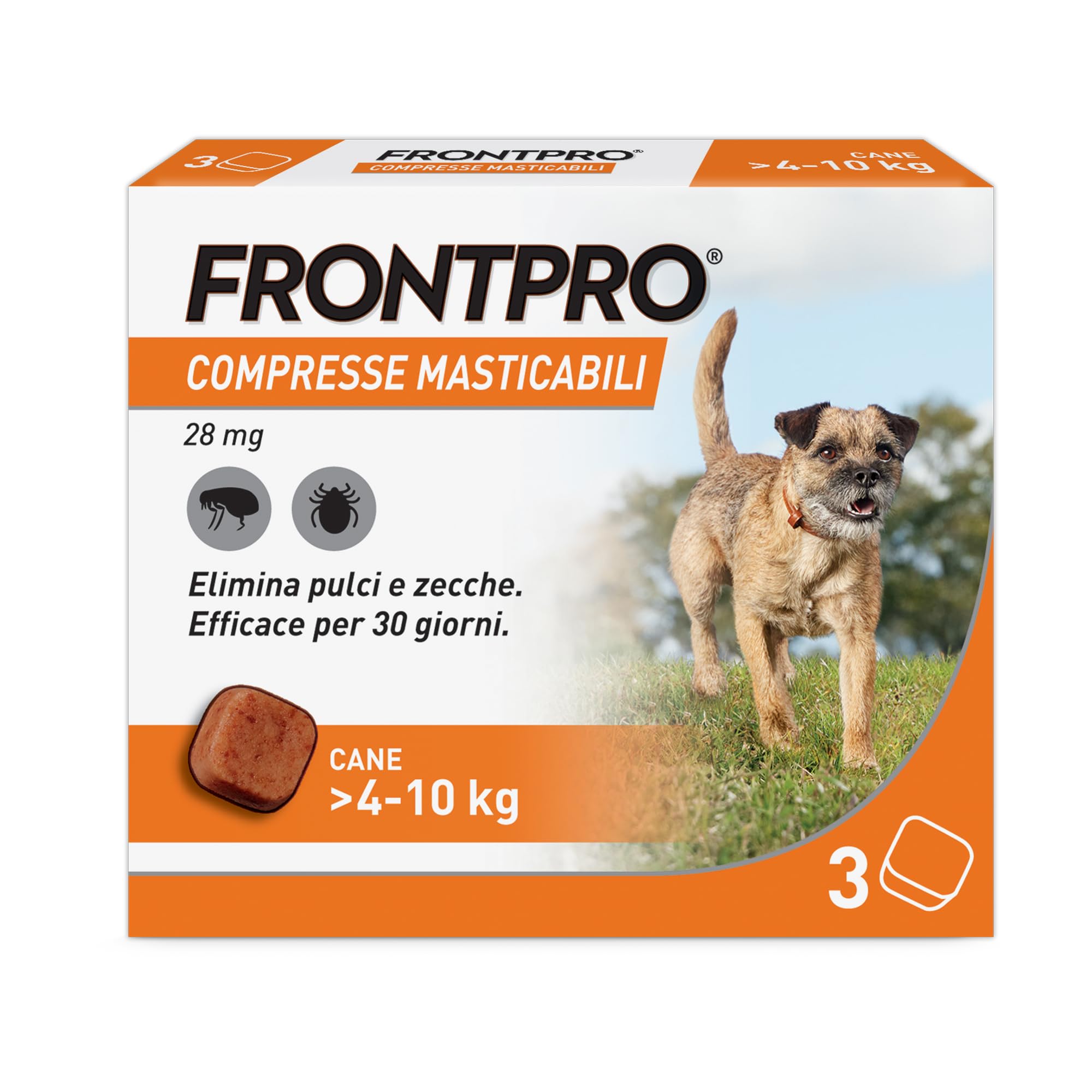 FRONTPRO 3 Compresse Masticabili Antiparassitario per Cani di Peso > 4-10 kg Protegge da Pulci e Zecche, Antipulci in Confezione da 3 Compresse da 28.3 mg di Afoxolaner, 4kg-10kg