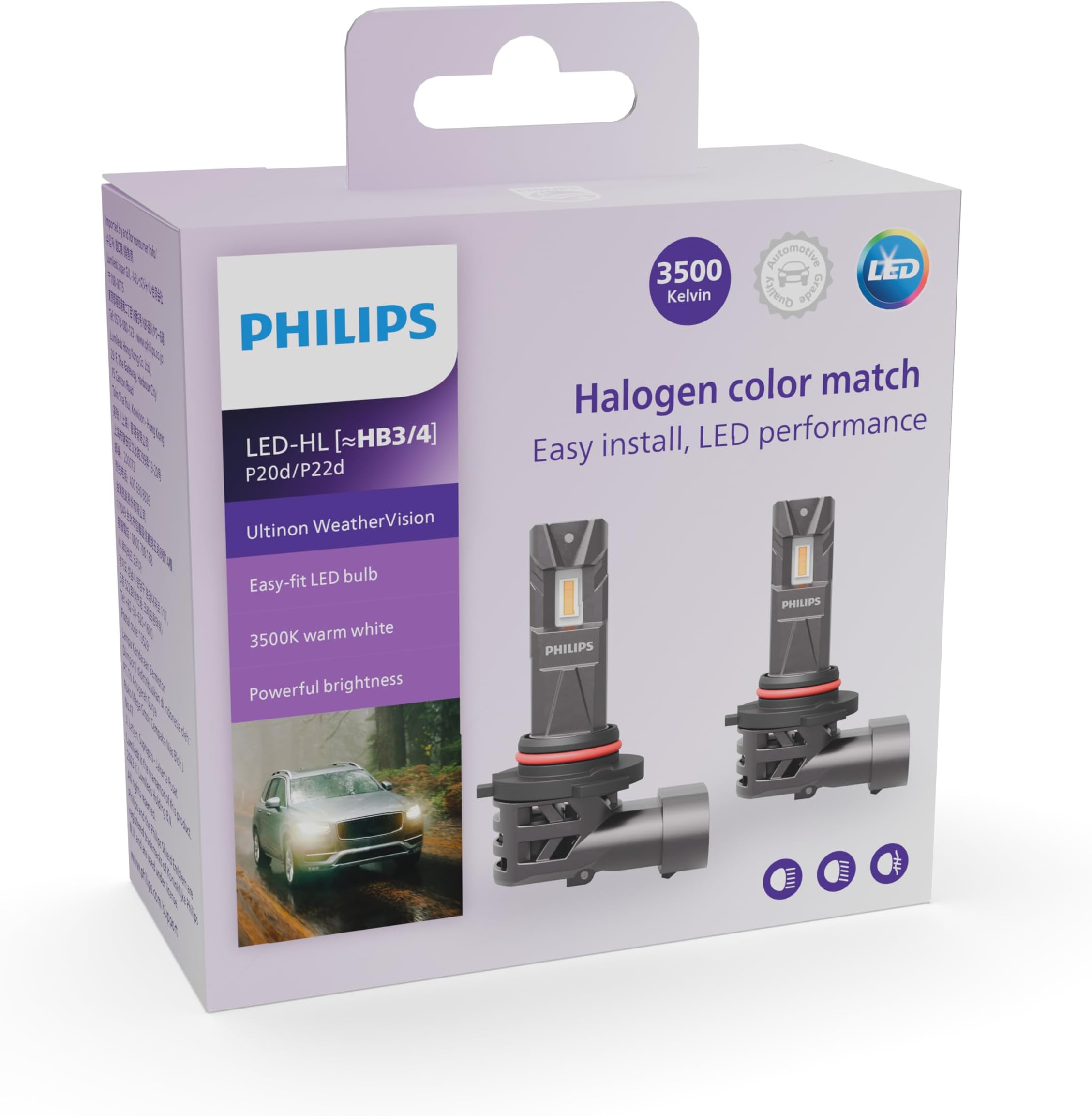 Philips WeatherVision LED car headlight bulb (HB3/HB4), ultra-compact direct-fit, Halogen color match, easy install, LED performance, 3500K, set of 2