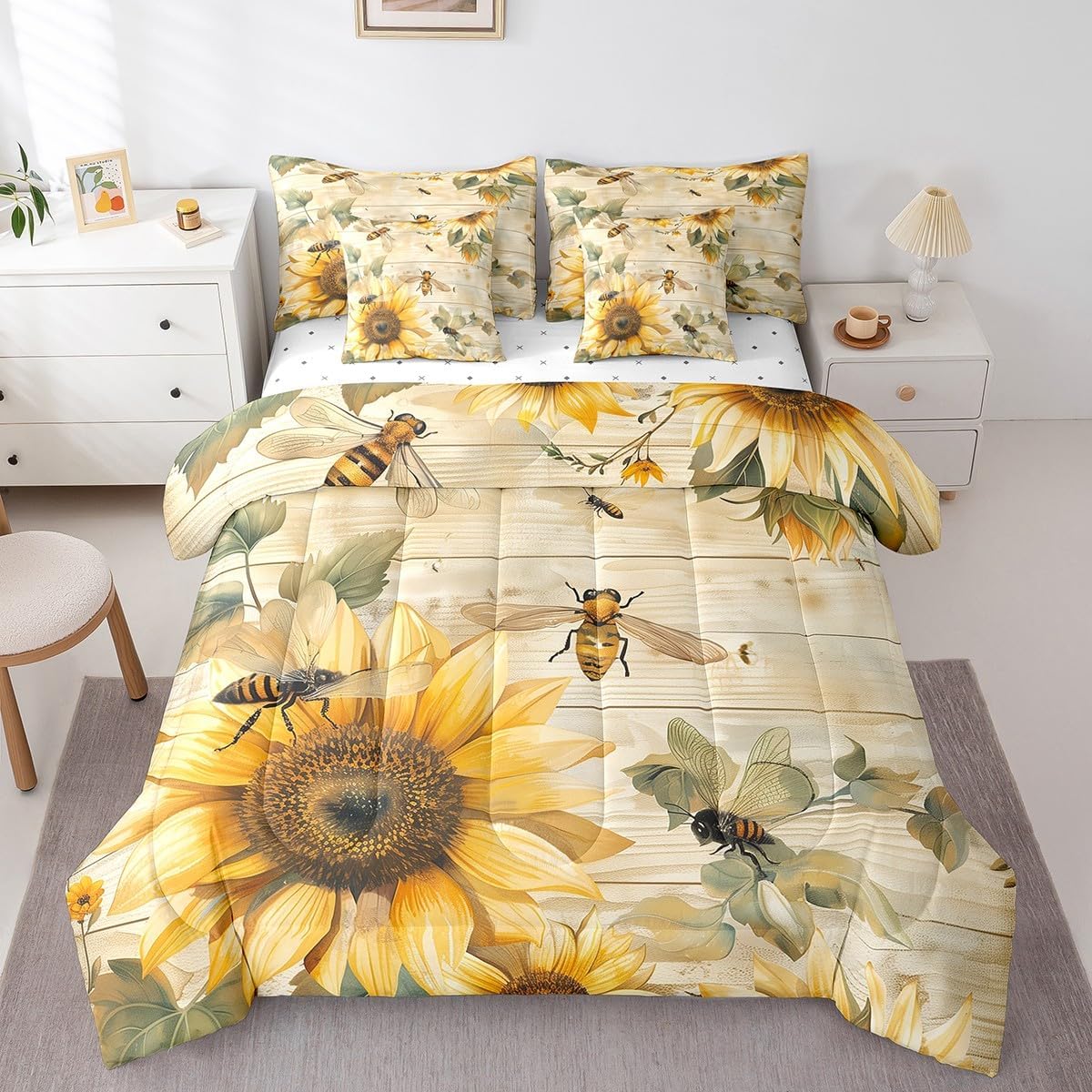 Queen Size 7 Piece Bedding Sets Sunflower Honeybee Comforter Set Wooden Stripes Bed Sheet Beige Reversible Printed Quilt Set + Flat Sheet + Fitted Sheet + 2 Pillowcase + 2 Throw Pillow Covers