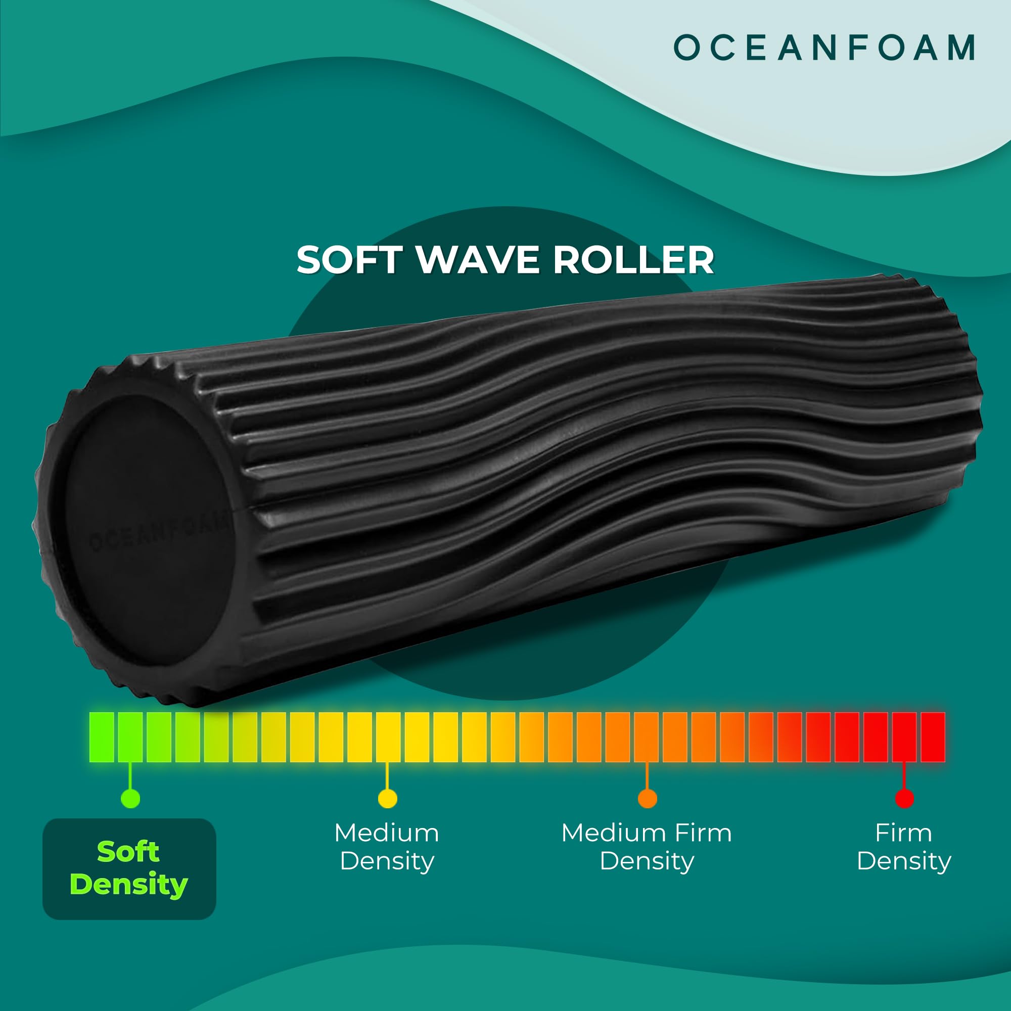 Oceanfoam Soft Tidal Roller (negro) - Rodillo de espuma de baja densidad para terapia física, dolor de espalda, ejercicio y estiramiento, textura ondulada, yoga, atletismo y bienestar, tamaño completo