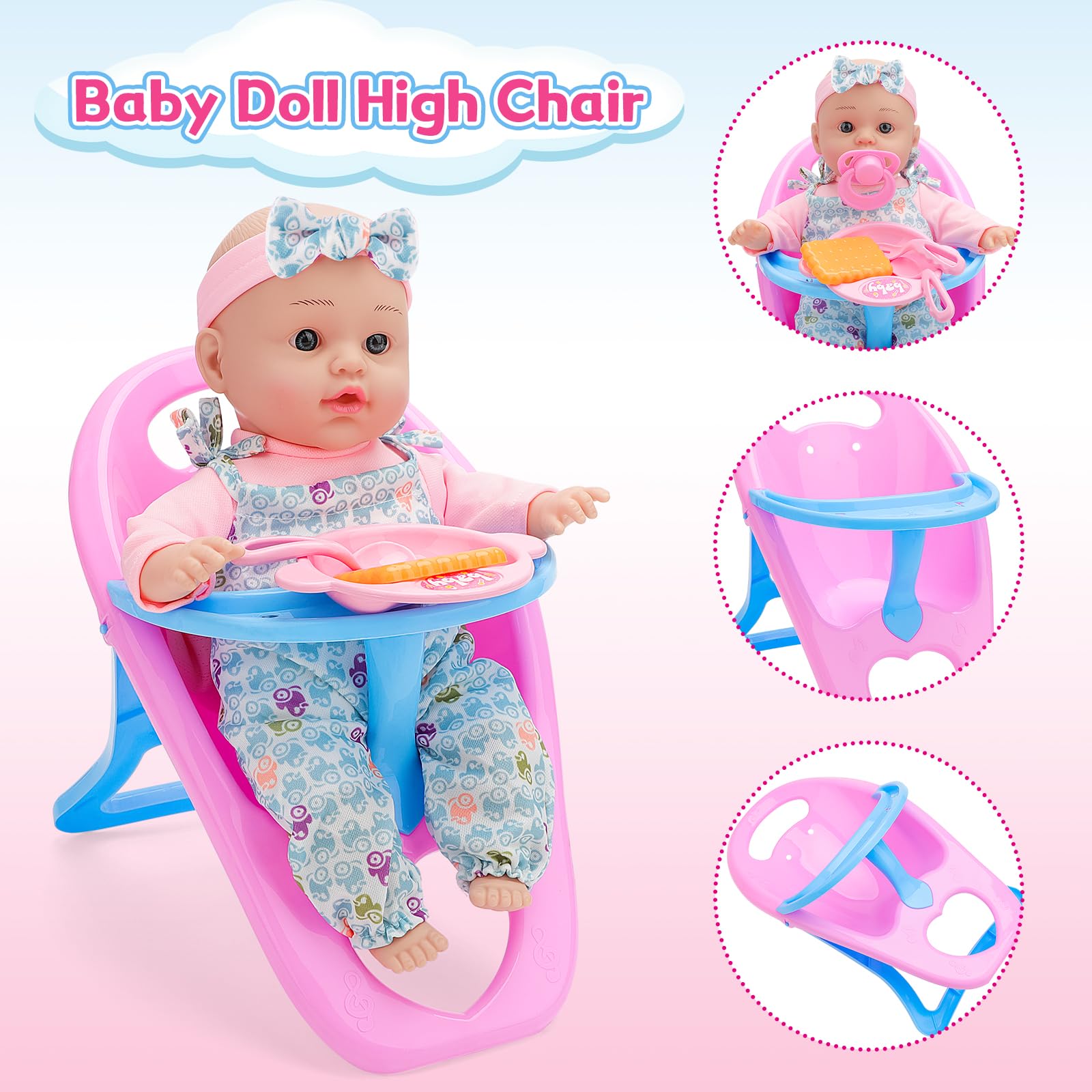 deAO Carrozzina Bambole con Bambola 30 cm, Seggiolone e Accessori Passeggino Giocattolo per Bambina dai 3 Anni, con Cestino Portaoggetti e Borsa Giocattolo Educativo per Bambina 3+ Anni