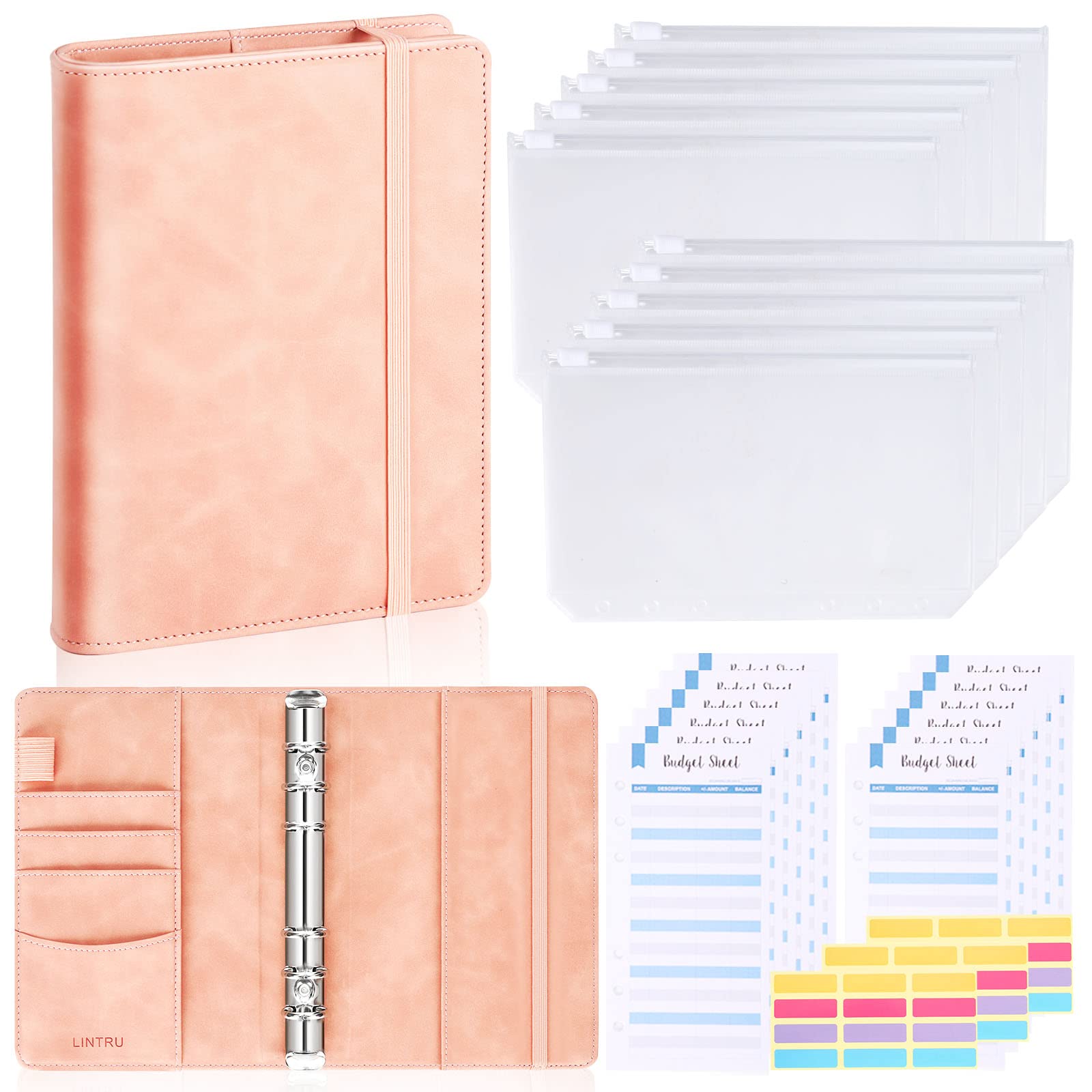 LINTRU Budget Binder with Zipper Envelopes, Budget Book with Cash Envelopes, Premium Pu Leather A6 Binder with Expense Budget Sheets and Stickers, Savings Binder for Budgeting (Pink)