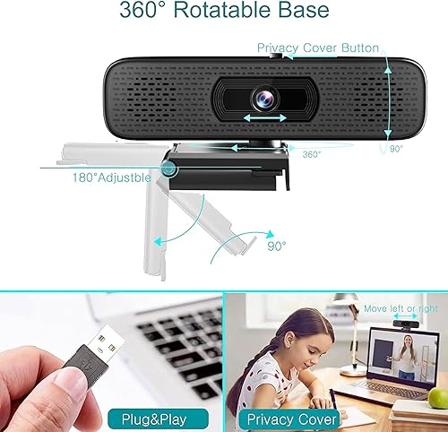 Miniatura 6 de Cámara web HD 2K con 2 altavoces y micrófono integrado para computadora portátil, ángulo de visión de 90 grados de escritorio, cámara de flujo USB