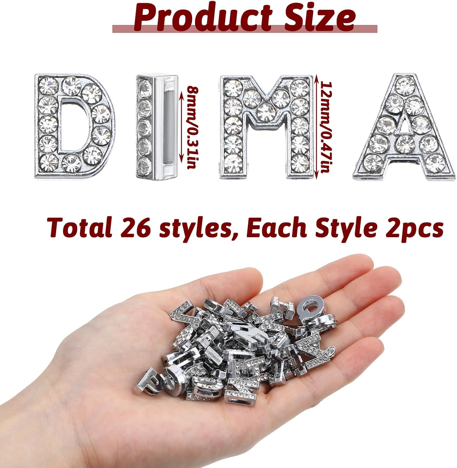 52PCS Silver Letter Charms 8mm A-Z Rhinestone Junk Letter Charms for Jewelry Making Alphabet Rhinestone Charm for DIY Junk Cases Wristbands Bracelets Art Crafts - Image 2