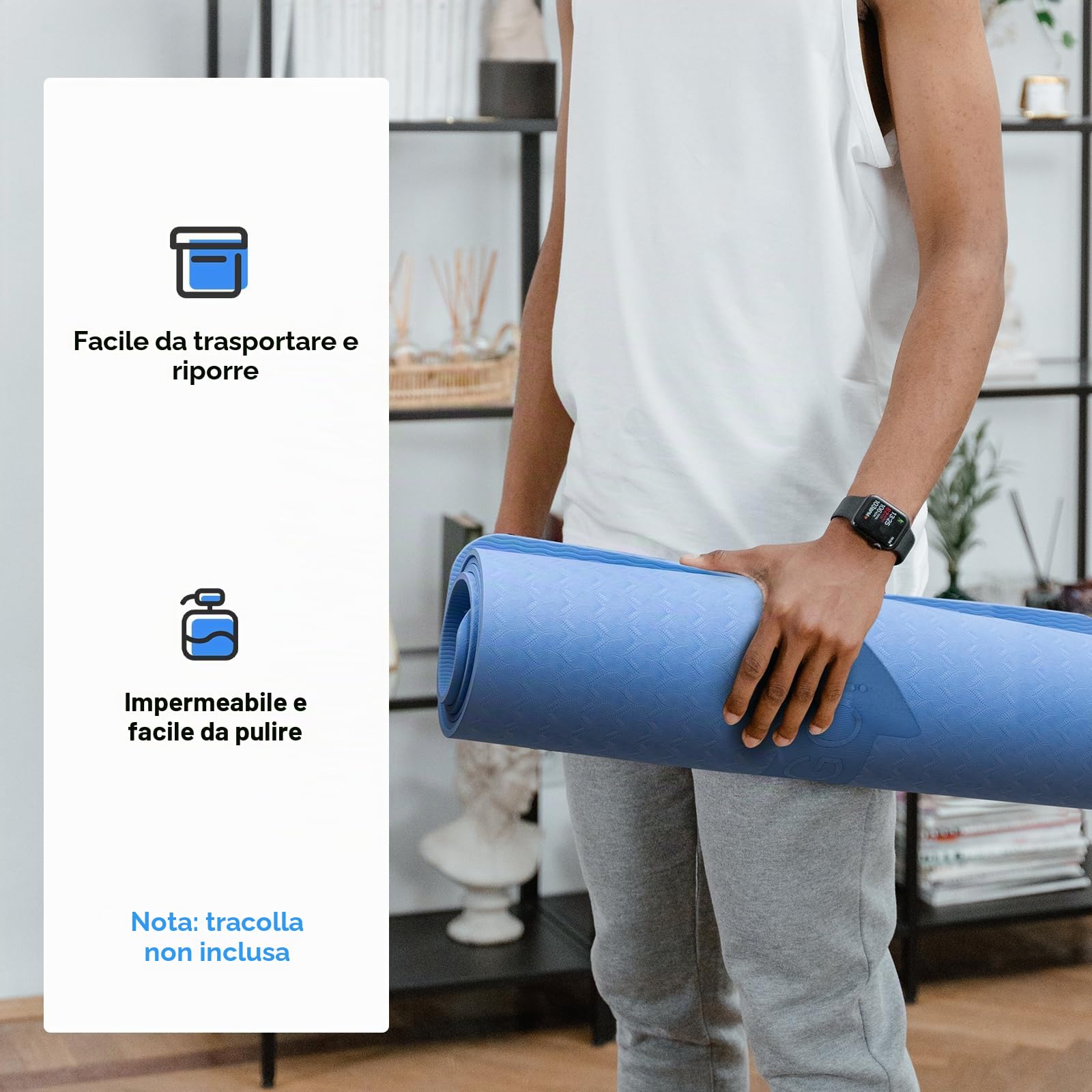Tappetino Palestra per Ruota per Addominali, Tappeto Antiscivolo per ginocchia, Tappetino Fitness per Palestra Domestica Spesso 6 mm per Yoga, Pilates, 183cm L x 61cm B x 0,6cm H,TPE, Blu
