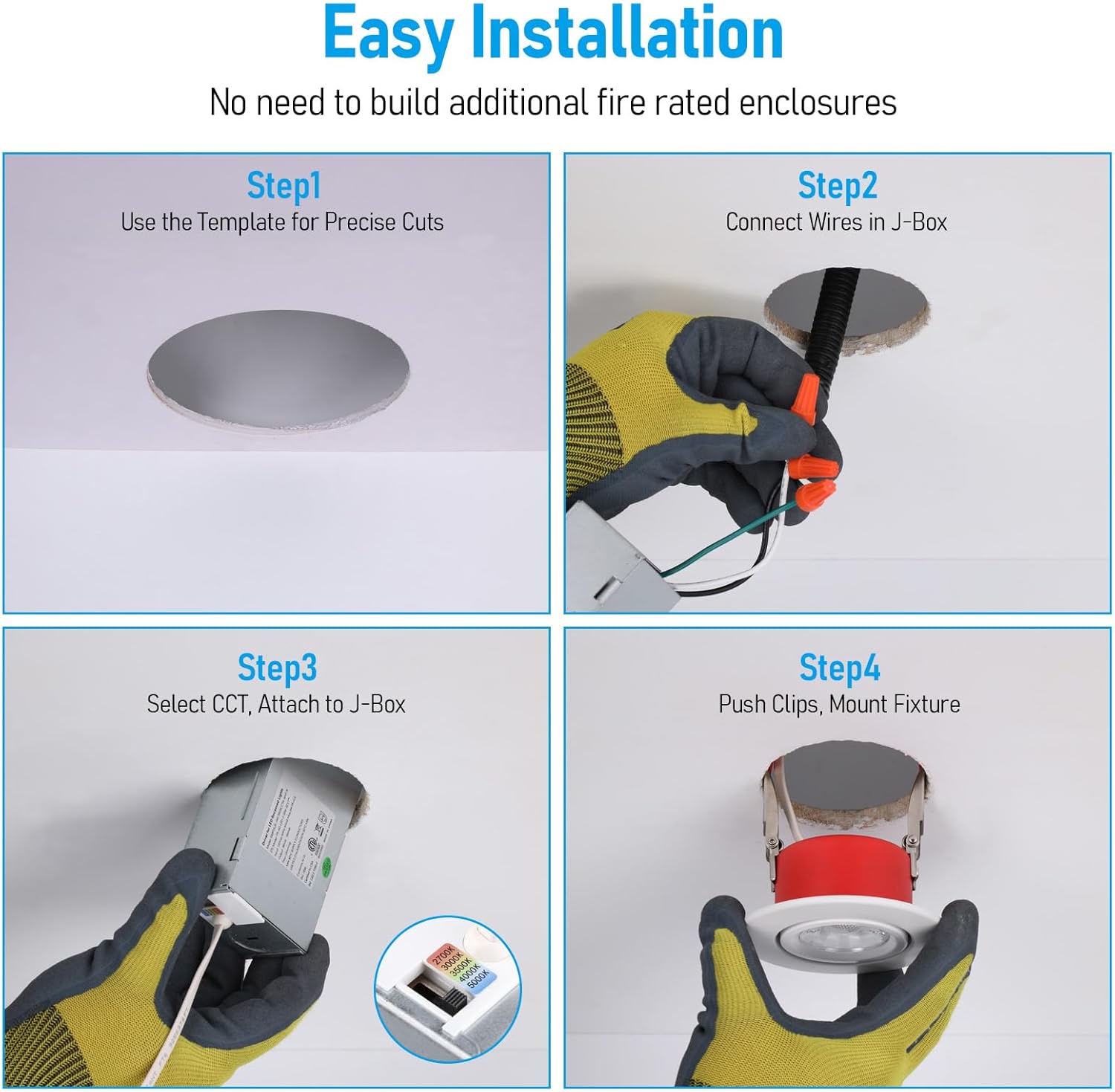TORCHSTAR 3 Inch 2 Hour Fire Rated Gimbal LED Recessed Light, Meets UL263 & ASTM E119, IC Rated Airtight 7W Canless Downlight with J-Box, 5CCT Dimmable for Fire-Rated Commercial Ceilings