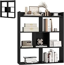 HOMASIS Wooden Bookshelf with 7 Diaphanous Compartments, Exhibition Storage, Library with Tip-Over Protection, Room Divider for Living Room (Black Wood)